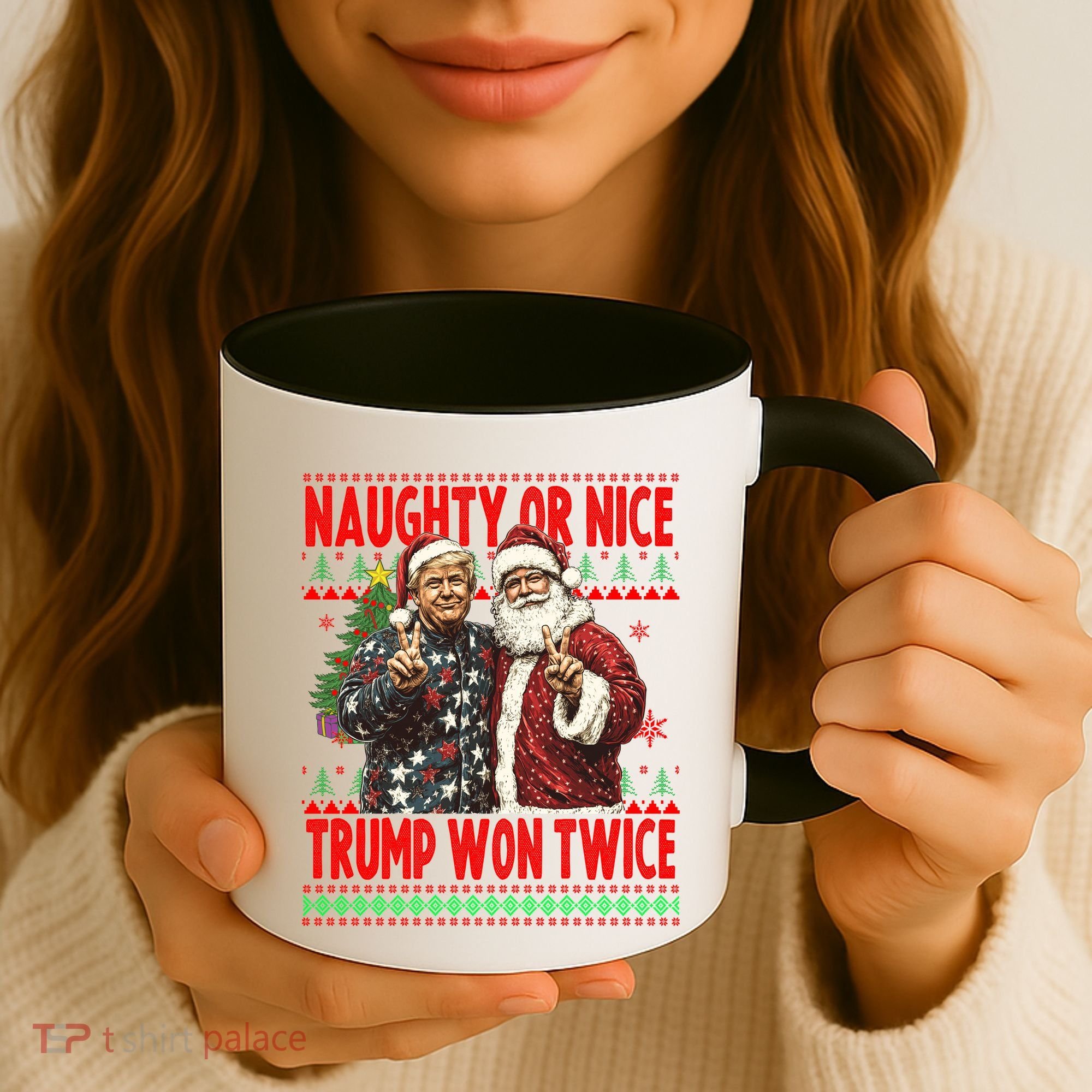 Funny Trump Naughty Or Nice Won Twice Ugly Christmas Coffee Mug