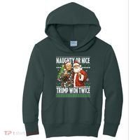 Funny Trump Naughty Or Nice Won Twice Ugly Christmas Kids Hoodie thumb 0