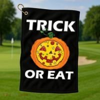 Funny Trick Or Eat Costume Pizza Face Halloween Gift Golf Towel thumb 1