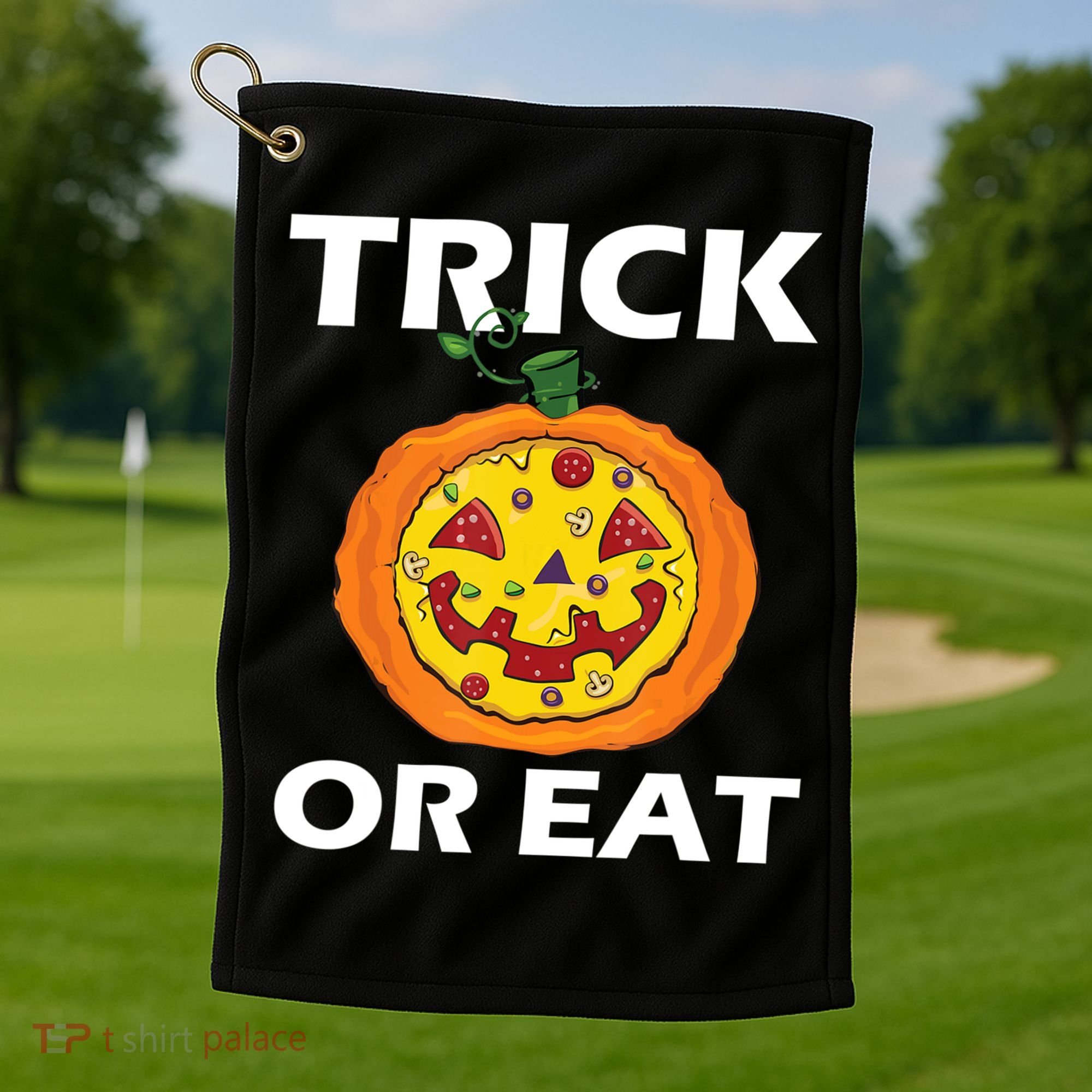 Funny Trick Or Eat Costume Pizza Face Halloween Gift Golf Towel
