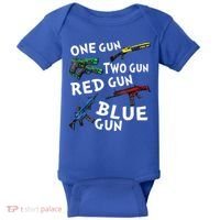 Funny Tee One Gun Two Gun Red Gun Blue Gun Custome Baby Bodysuit thumb 0