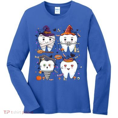 Funny Trick Or Teeth Denstist Halloween Costume Dental Squad Funny Gift Women's Long Sleeve Shirt