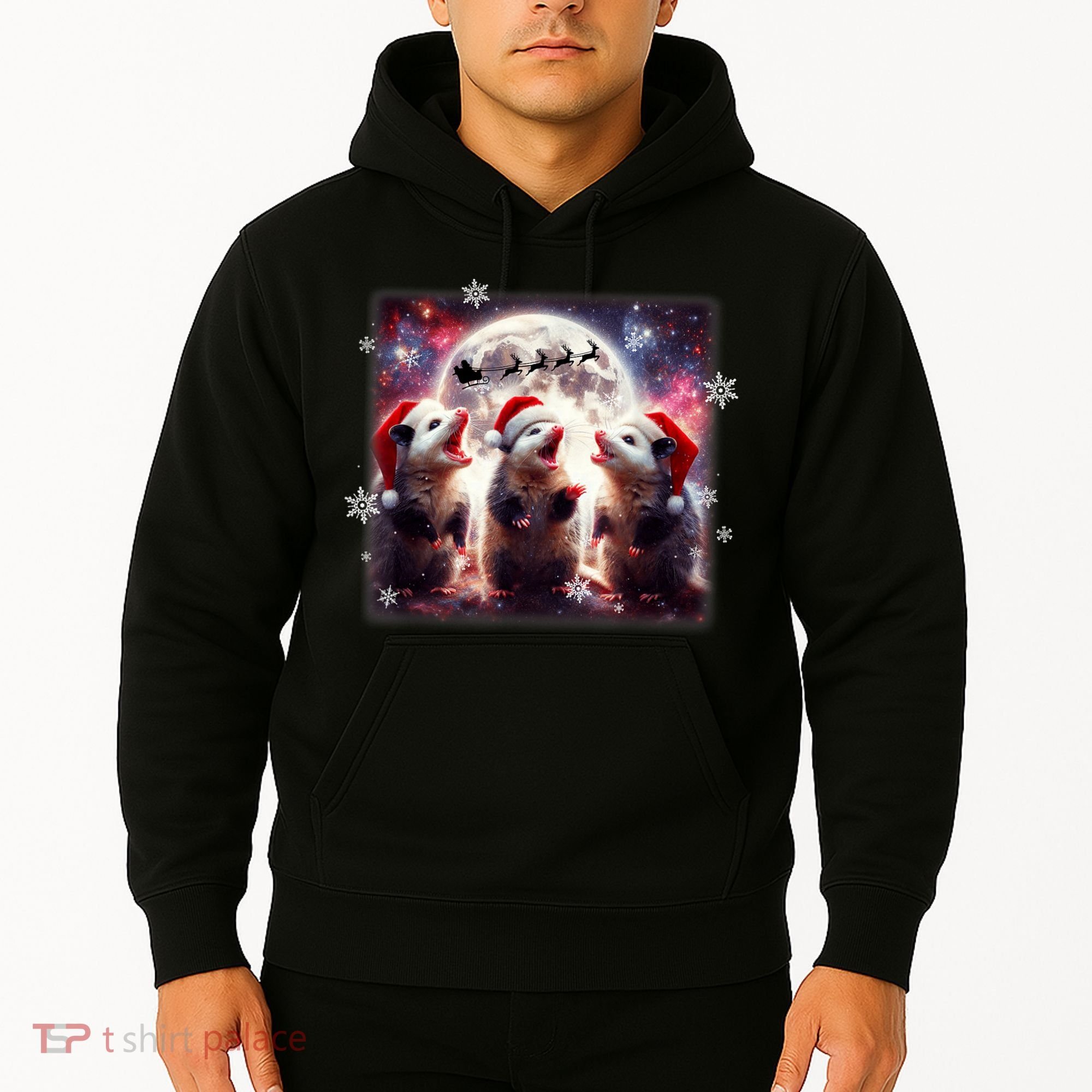 Funny Three Possum Moon Christmas Opossum Santa Hat Hoodie