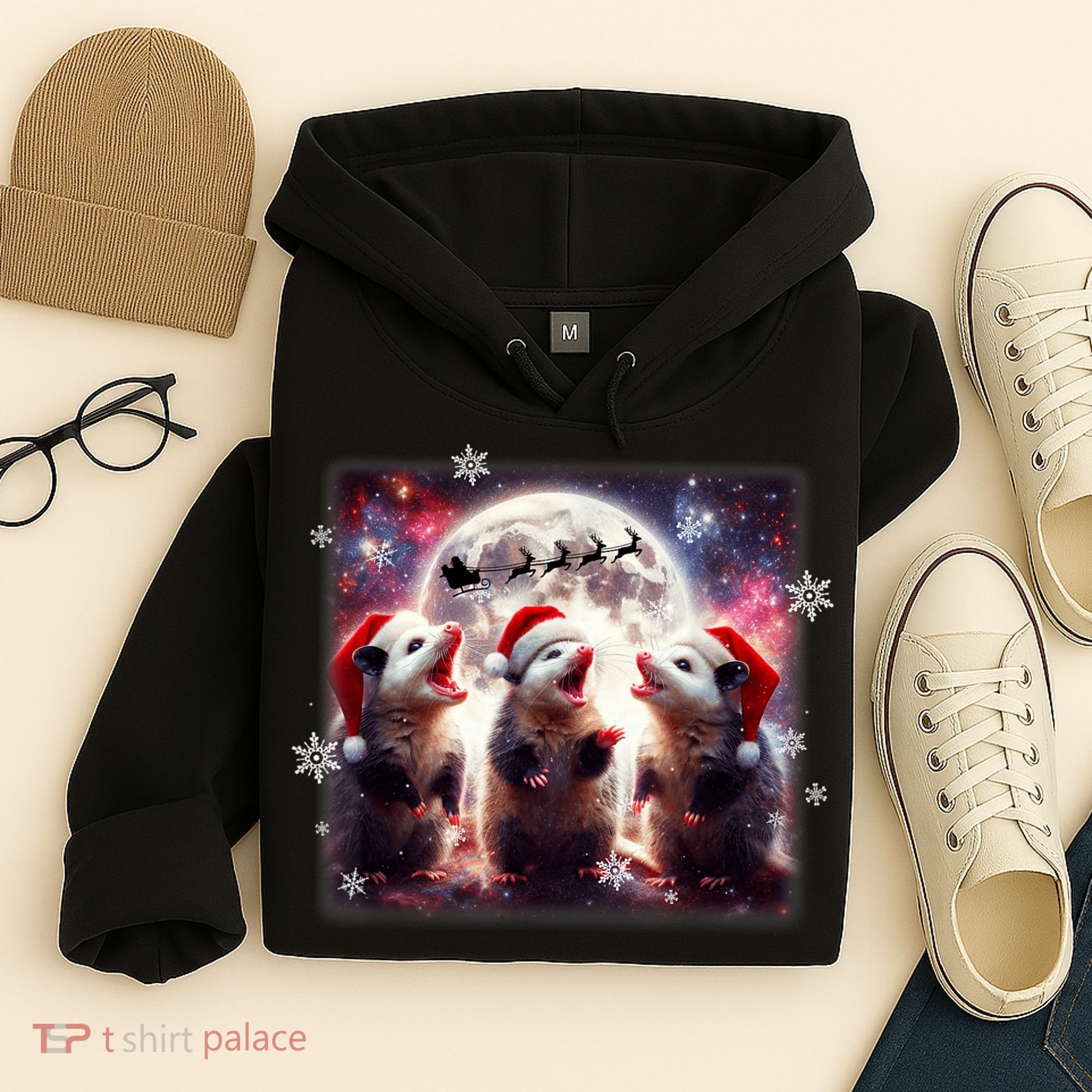 Funny Three Possum Moon Christmas Opossum Santa Hat Hoodie