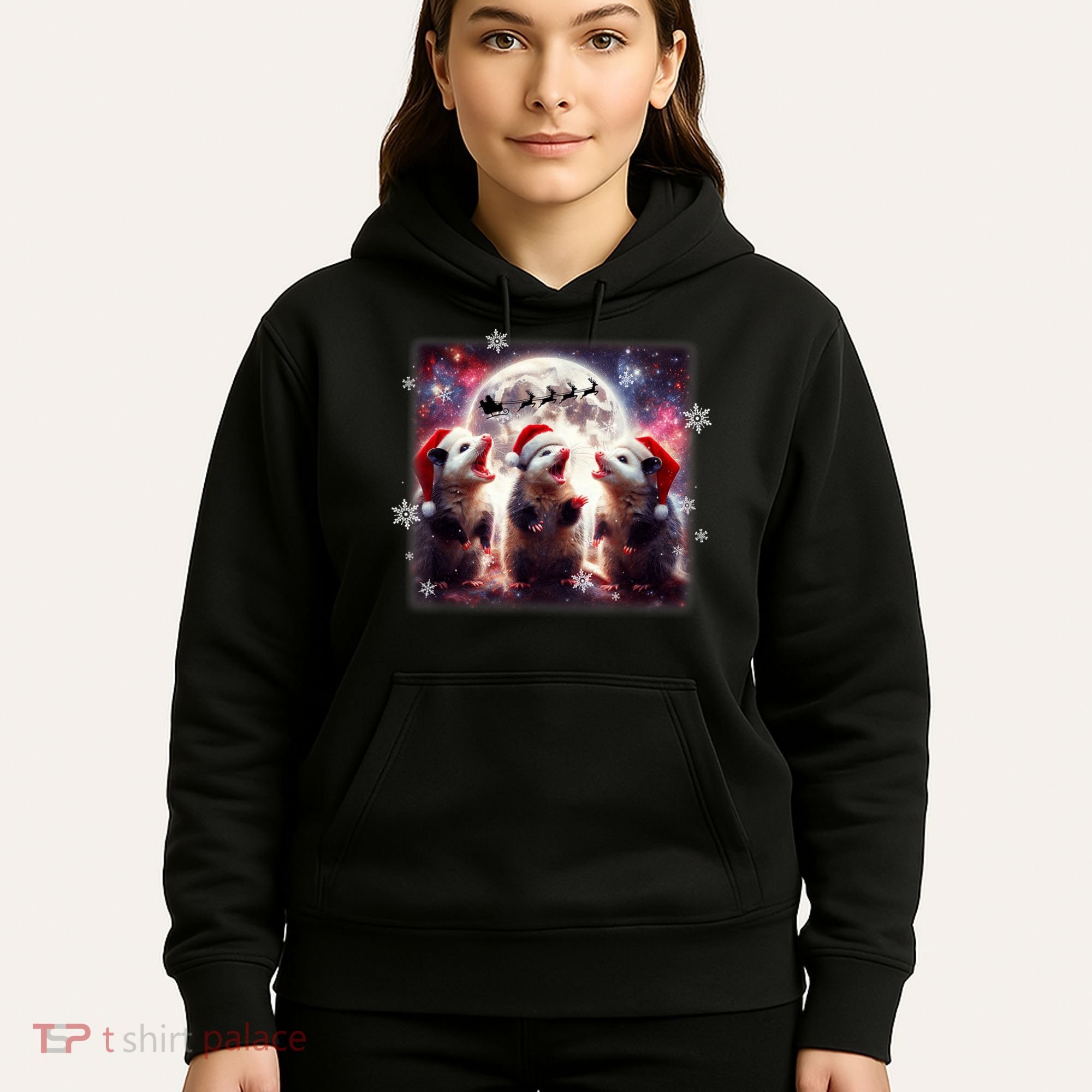 Funny Three Possum Moon Christmas Opossum Santa Hat Hoodie