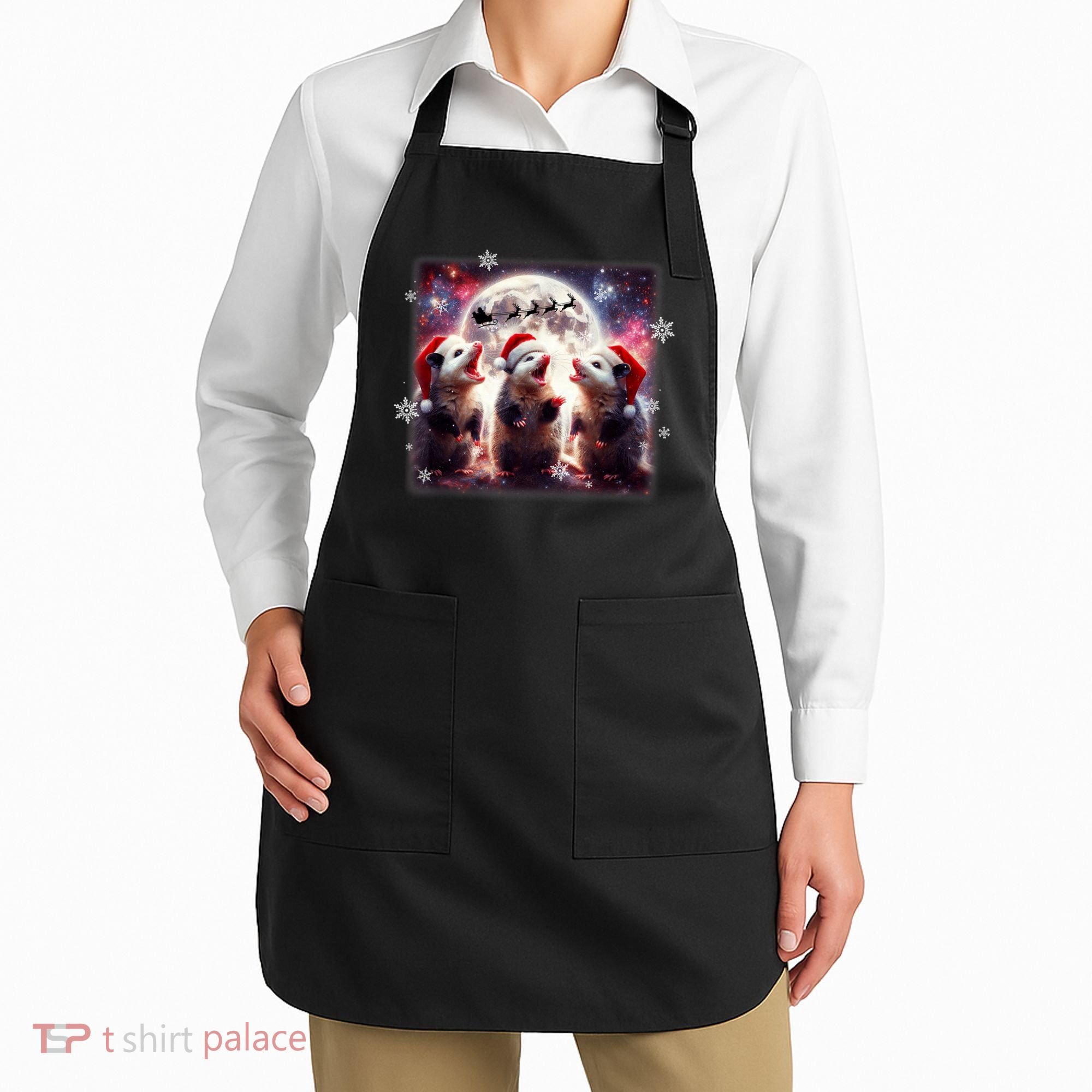Funny Three Possum Moon Christmas Opossum Santa Hat Apron