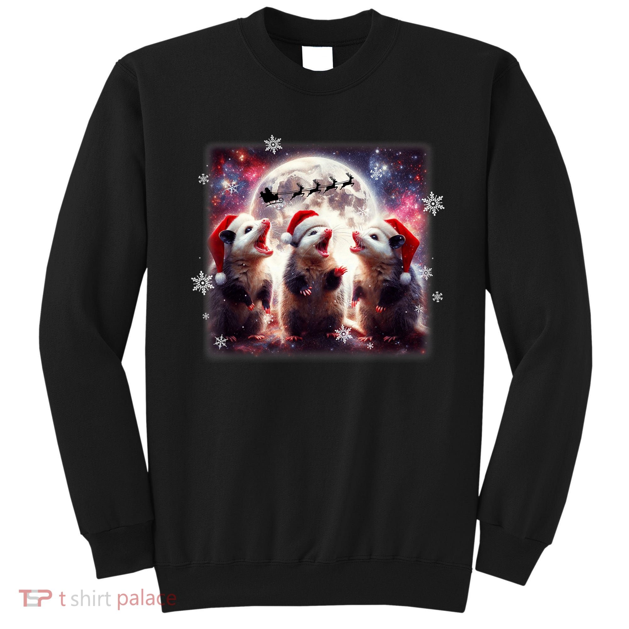 Funny Three Possum Moon Christmas Opossum Santa Hat Sweatshirt