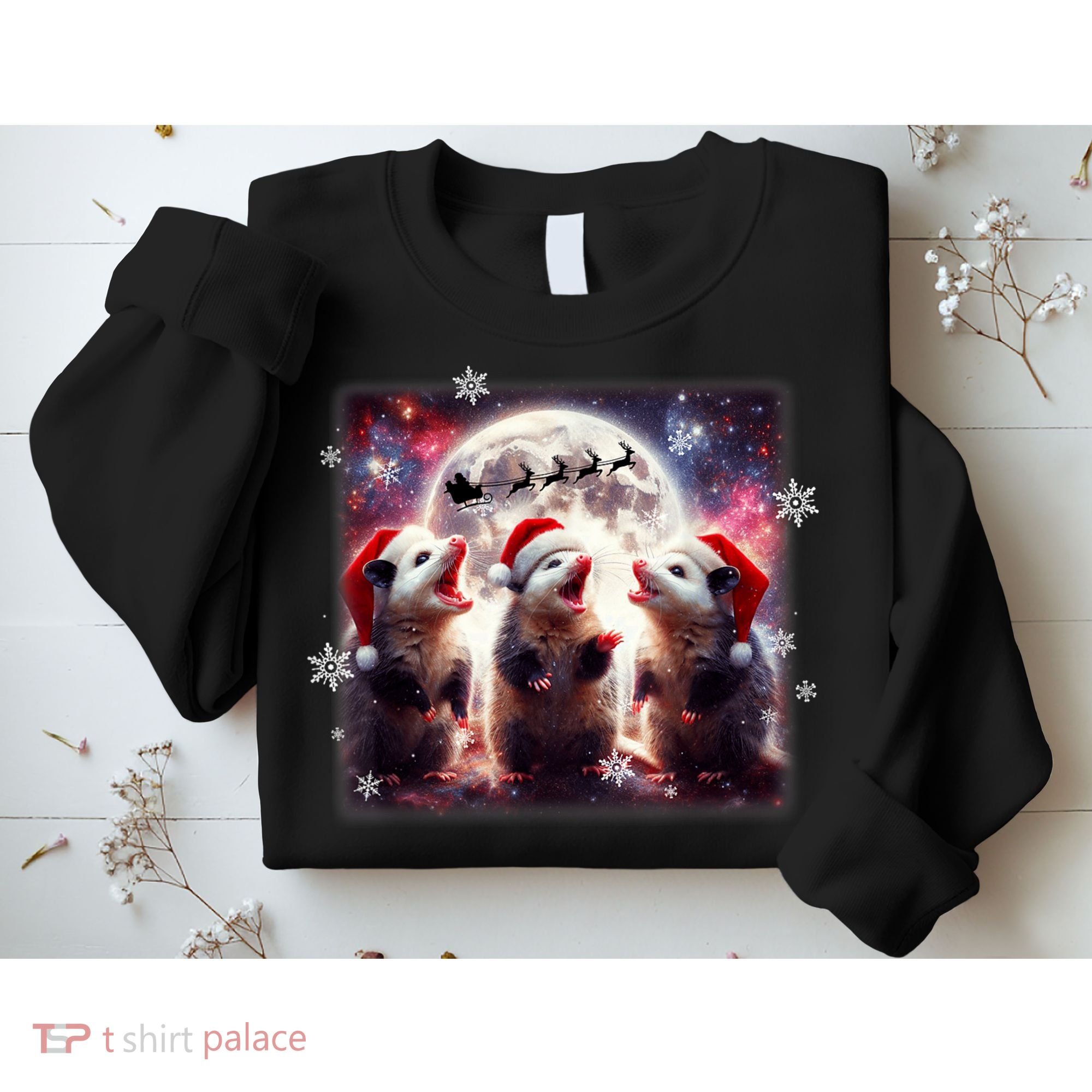 Funny Three Possum Moon Christmas Opossum Santa Hat Sweatshirt