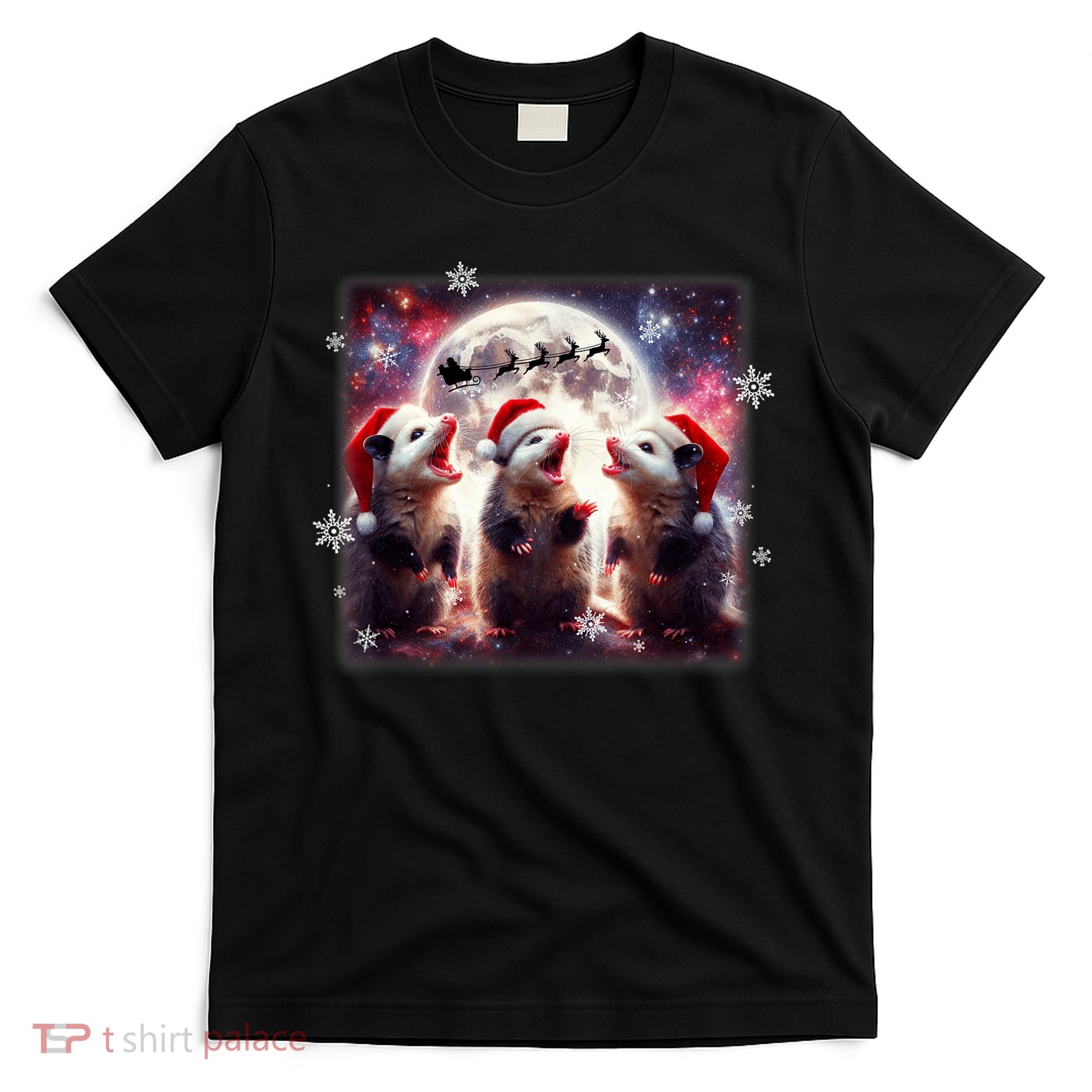 Funny Three Possum Moon Christmas Opossum Santa Hat T-Shirt