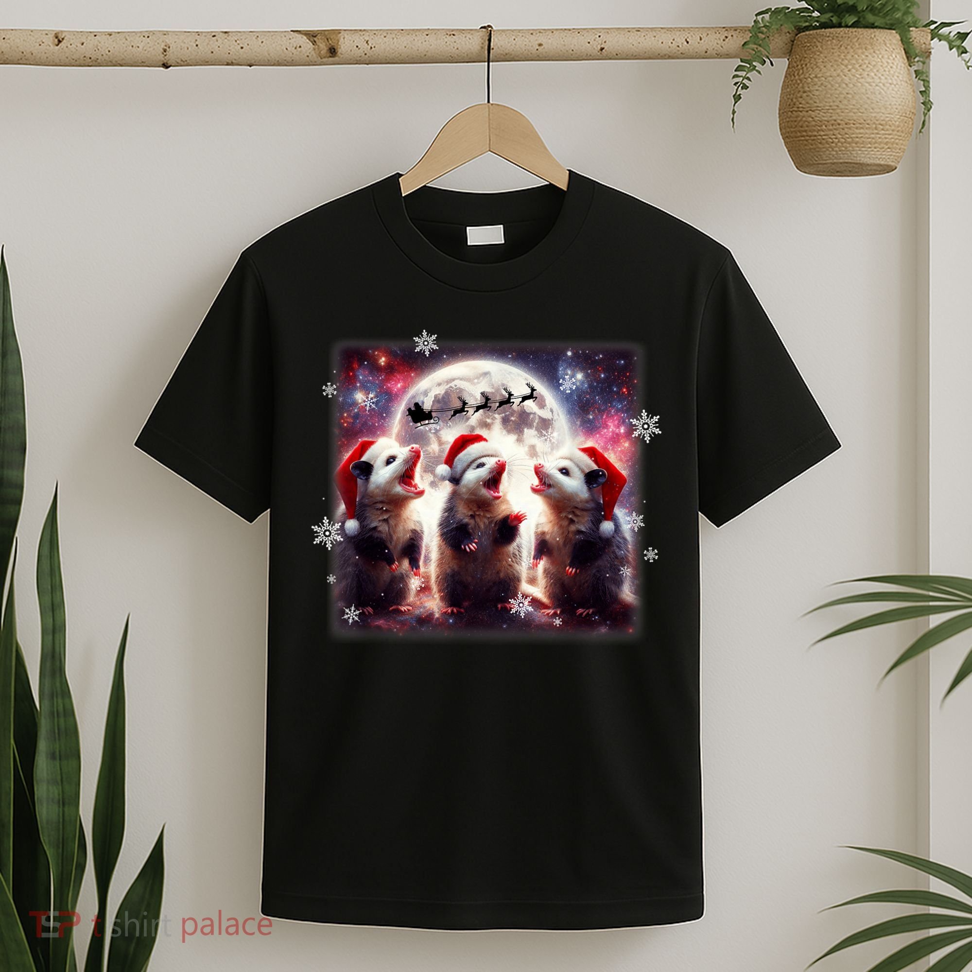 Funny Three Possum Moon Christmas Opossum Santa Hat T-Shirt