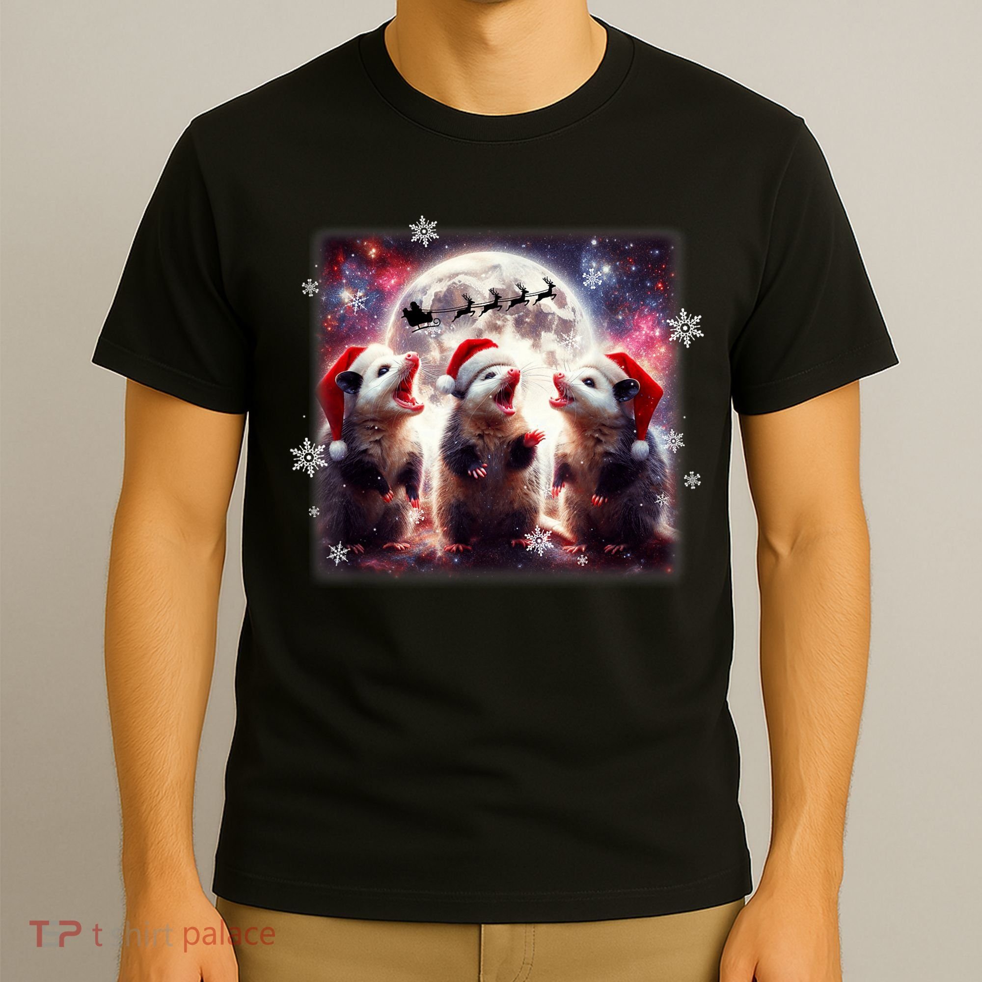 Funny Three Possum Moon Christmas Opossum Santa Hat T-Shirt