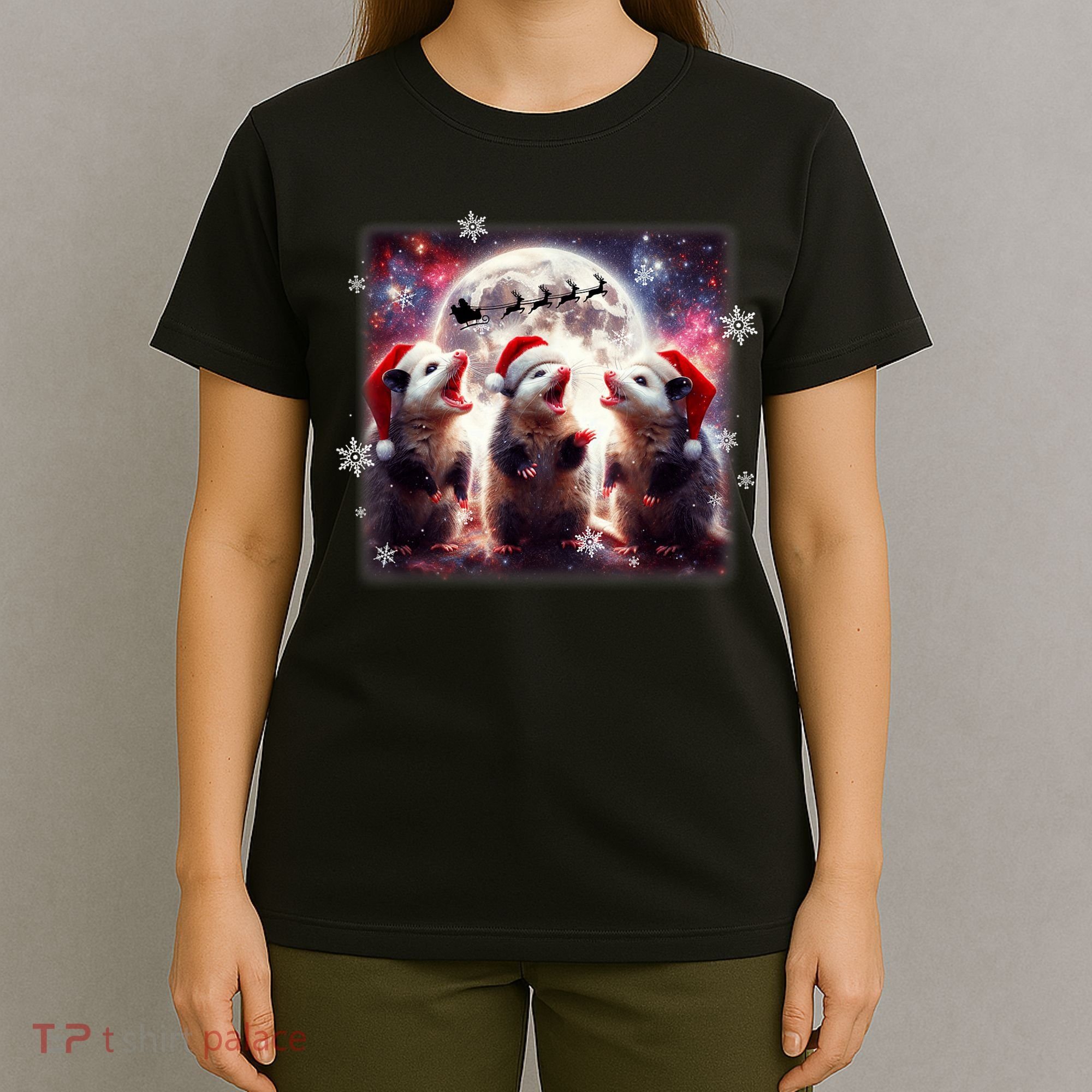 Funny Three Possum Moon Christmas Opossum Santa Hat T-Shirt