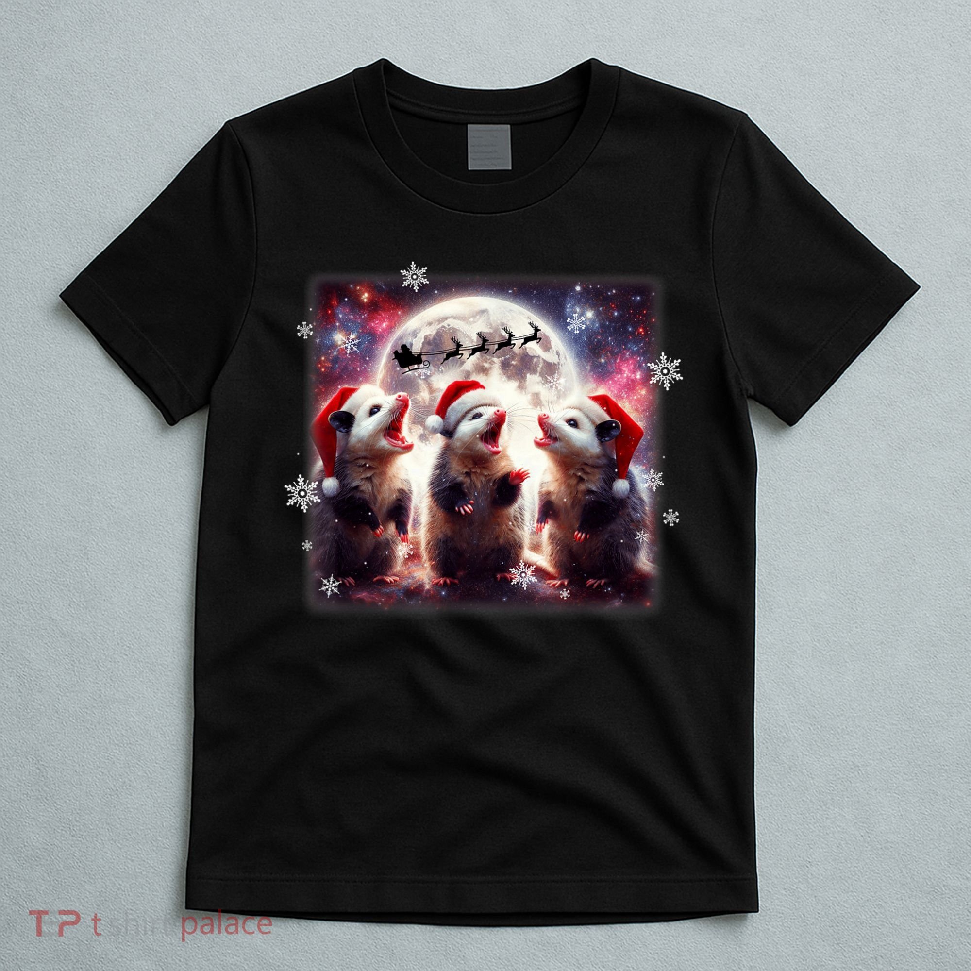 Funny Three Possum Moon Christmas Opossum Santa Hat T-Shirt