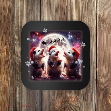 Funny Three Possum Moon Christmas Opossum Santa Hat Coaster