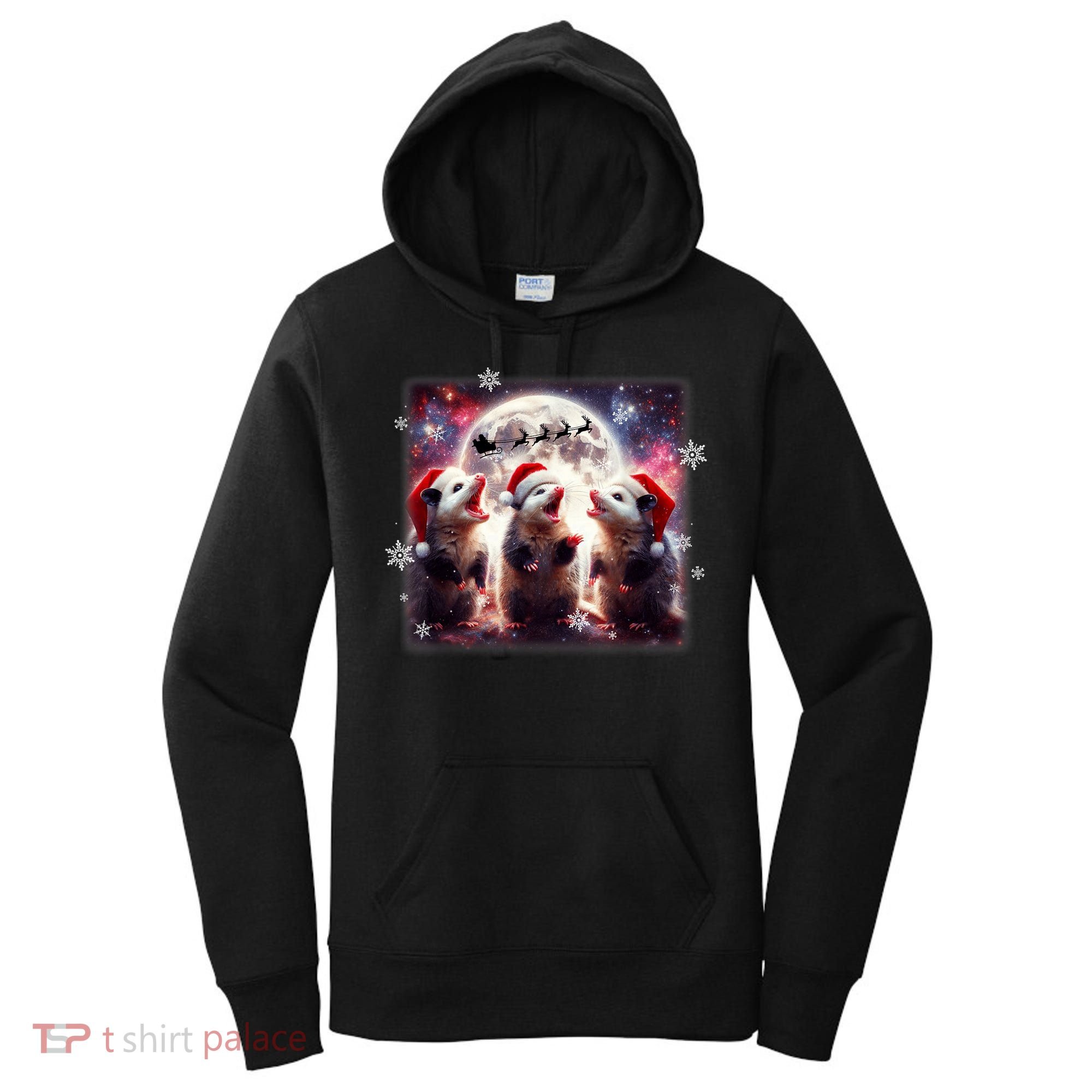 Funny Three Possum Moon Christmas Opossum Santa Hat Women's Hoodie