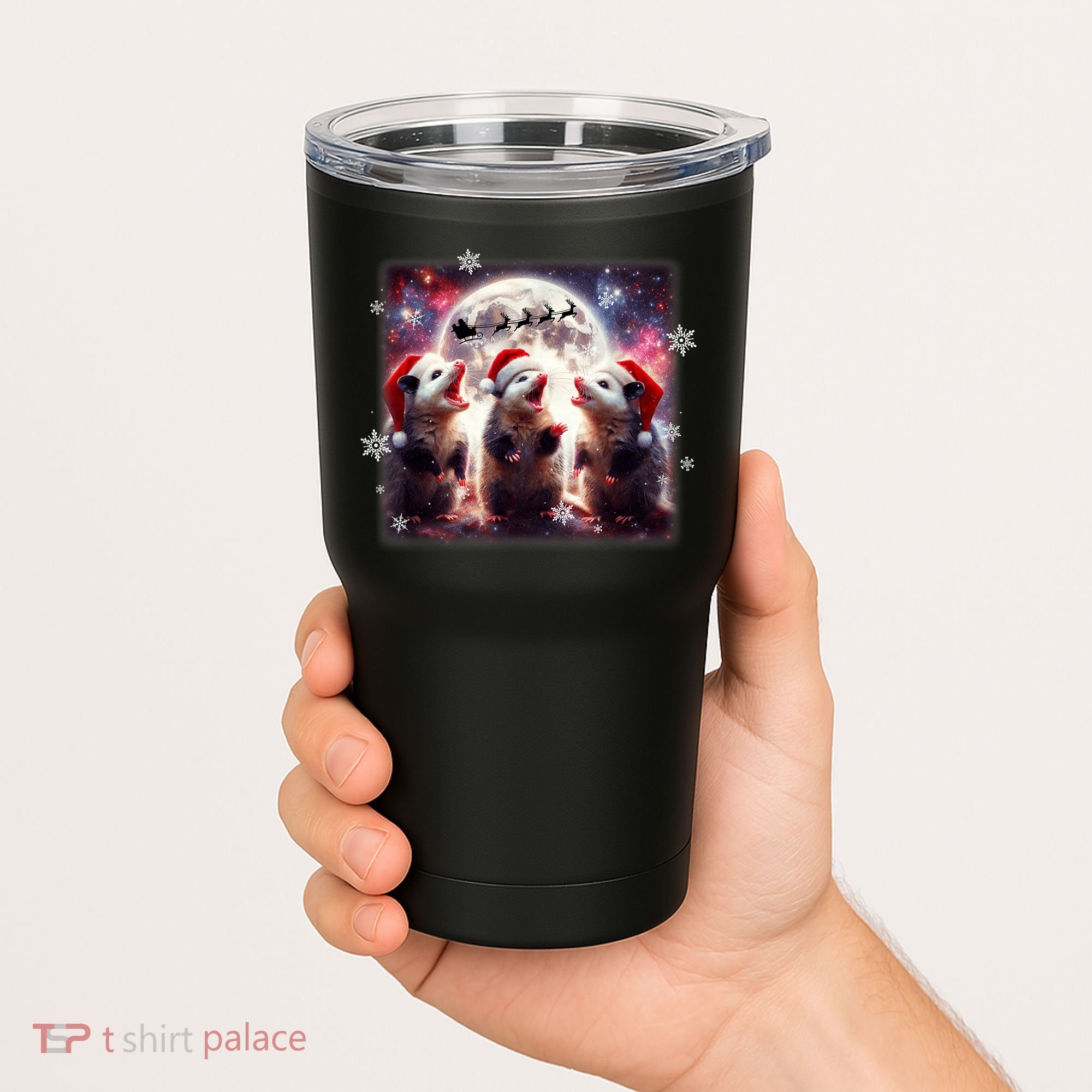 Funny Three Possum Moon Christmas Opossum Santa Hat Tumbler