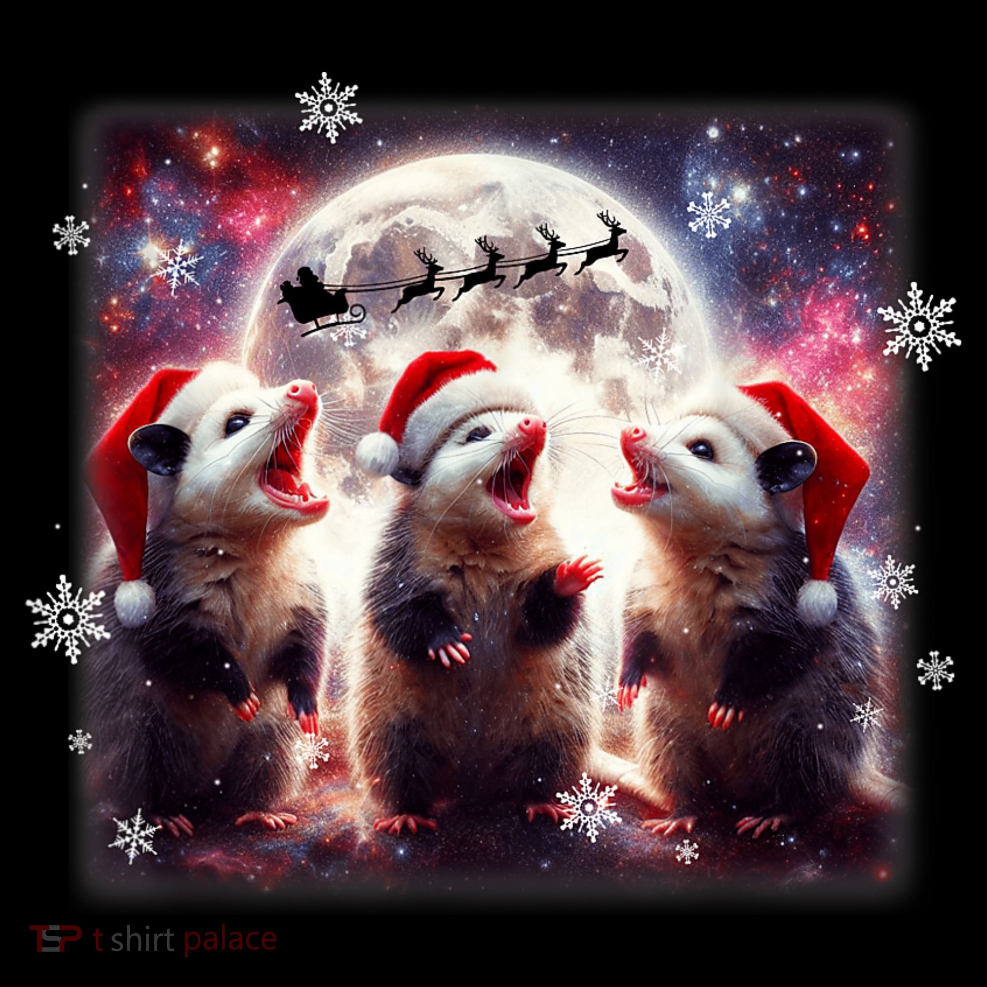 Funny Three Possum Moon Christmas Opossum Santa Hat Mousepad