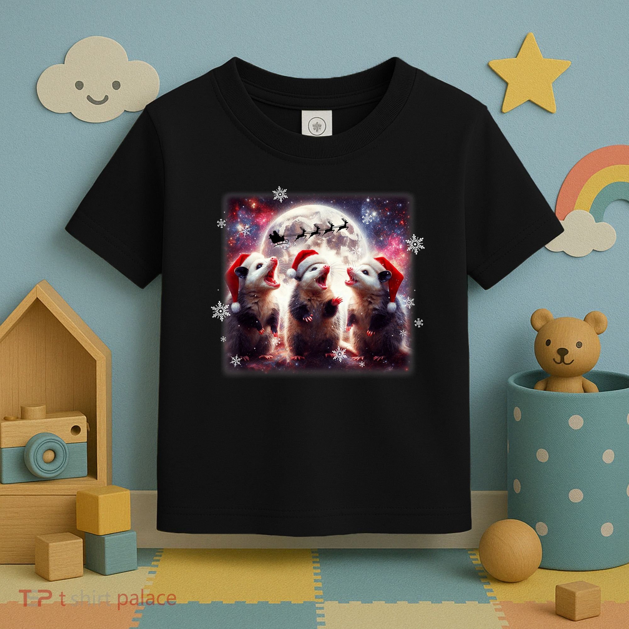 Funny Three Possum Moon Christmas Opossum Santa Hat Toddler T-Shirt