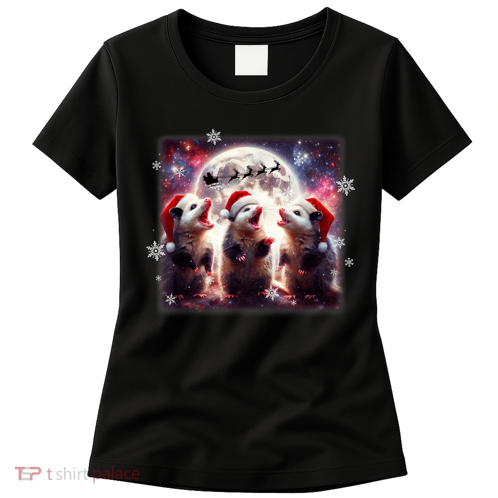 Funny Three Possum Moon Christmas Opossum Santa Hat Women's T-Shirt