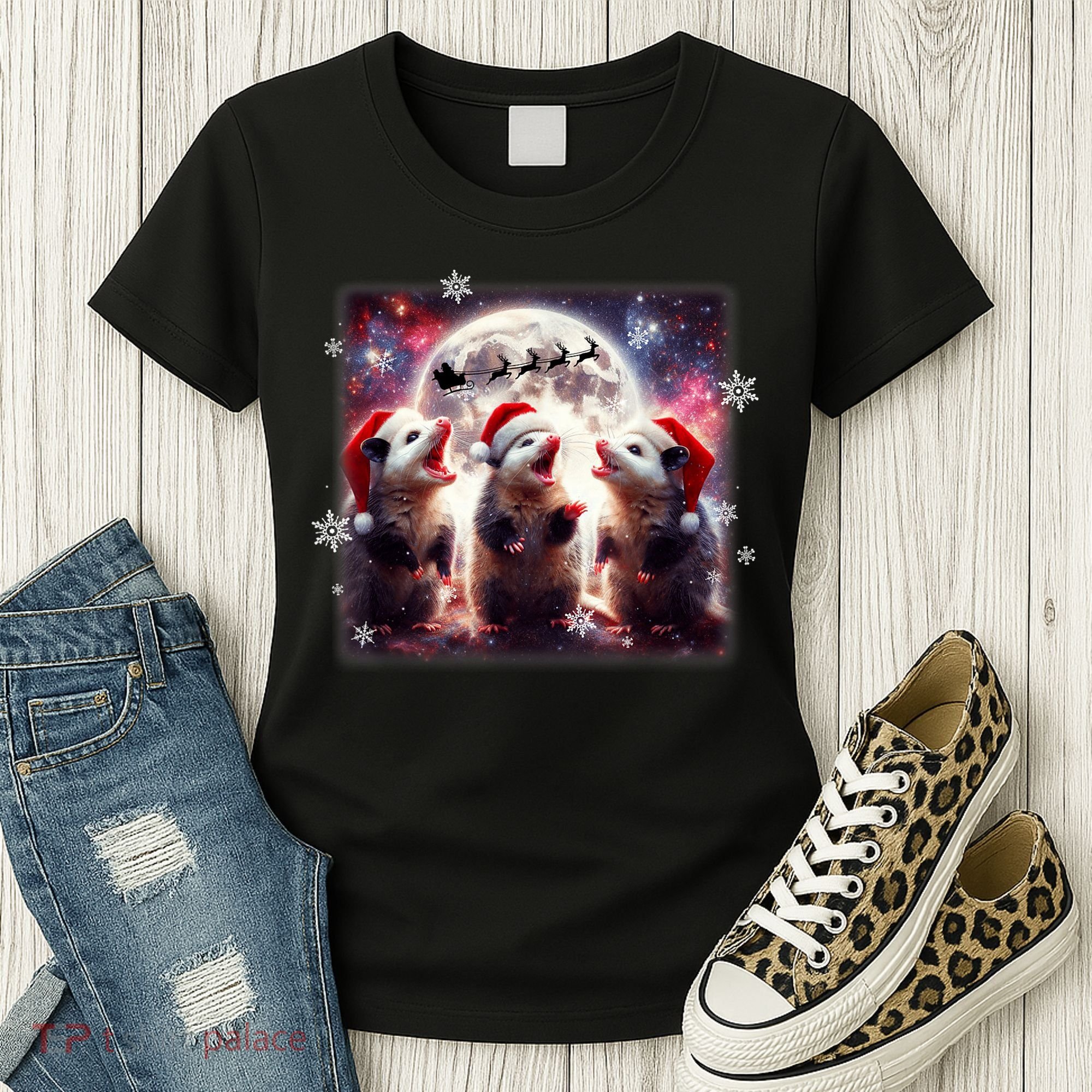 Funny Three Possum Moon Christmas Opossum Santa Hat Women's T-Shirt