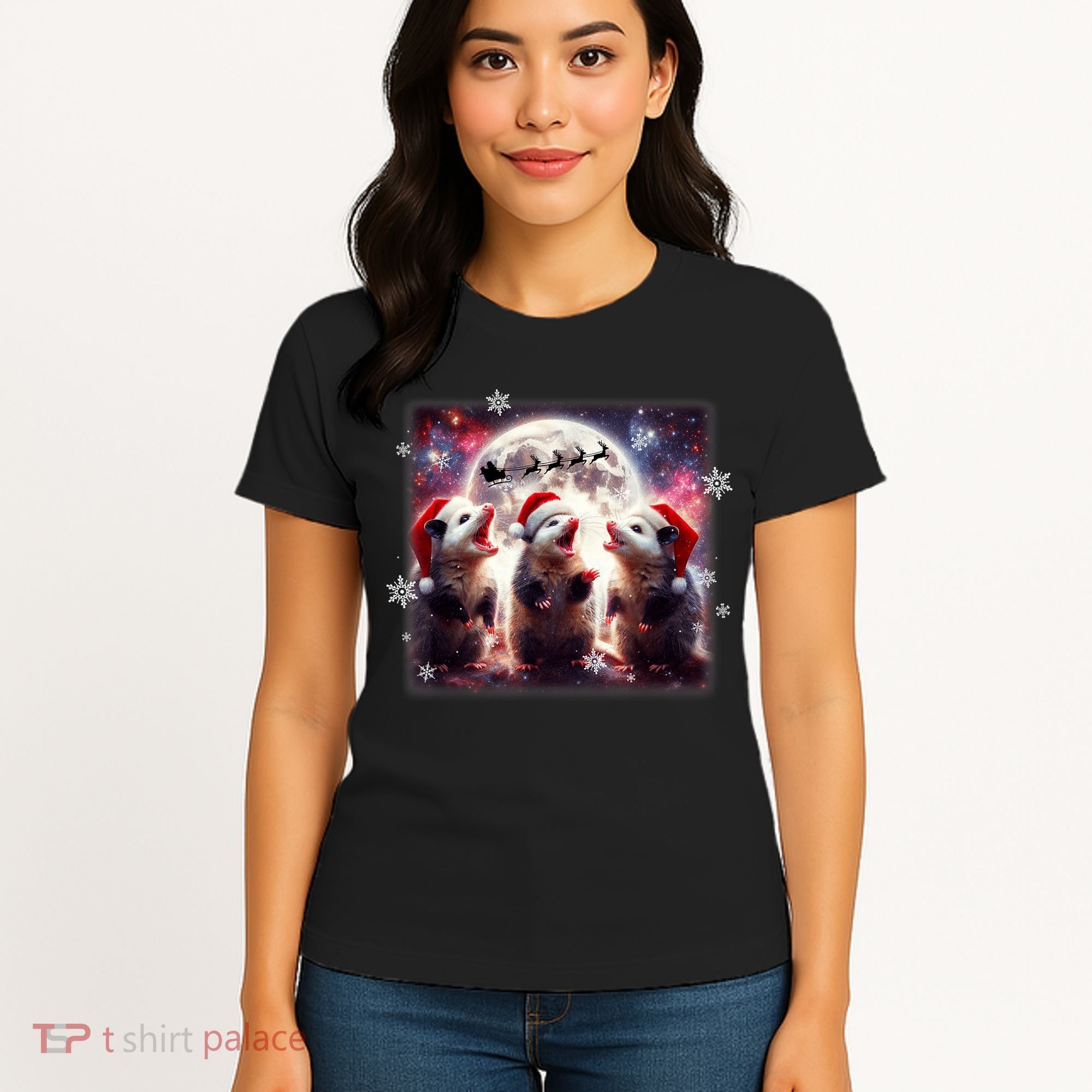 Funny Three Possum Moon Christmas Opossum Santa Hat Women's T-Shirt