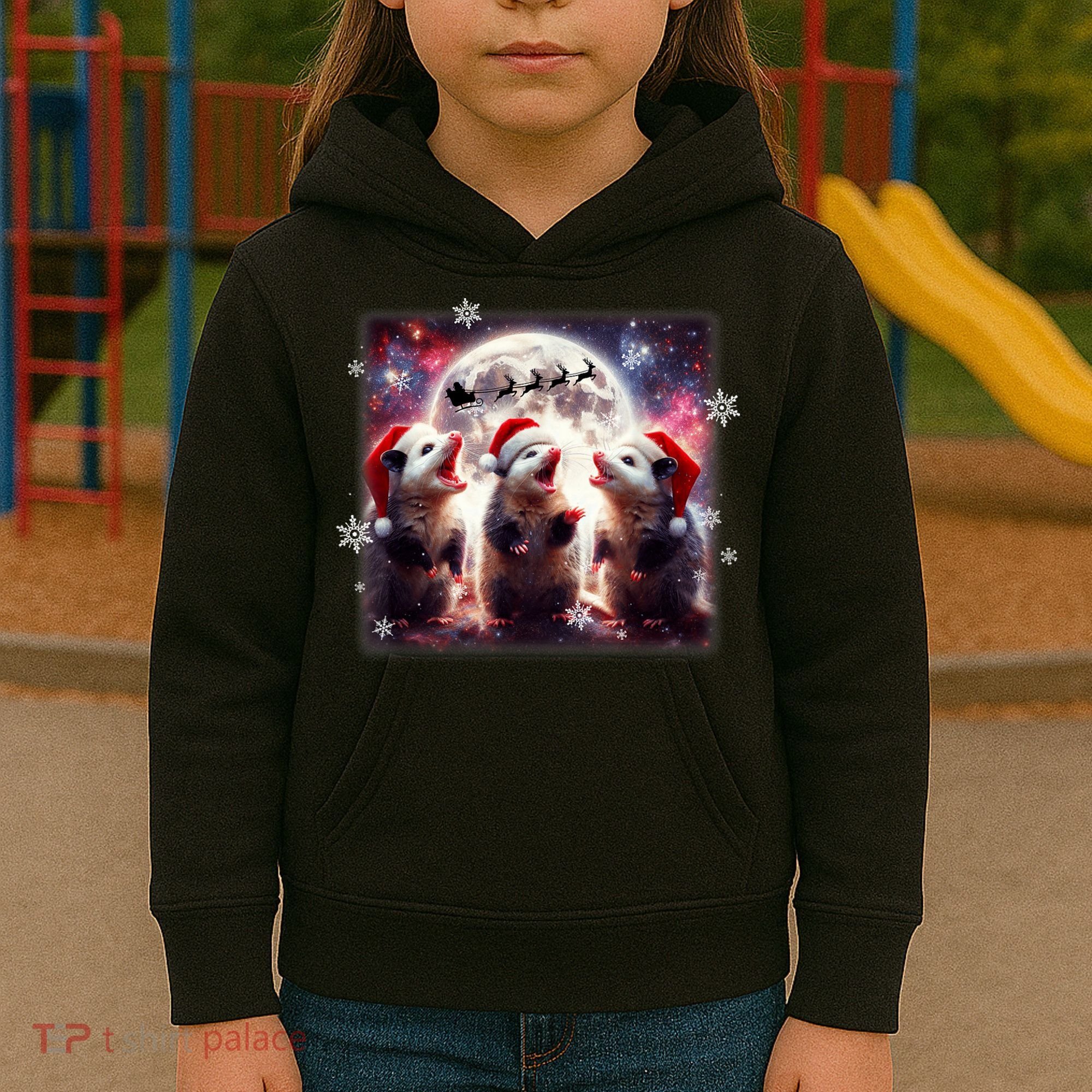 Funny Three Possum Moon Christmas Opossum Santa Hat Kids Hoodie