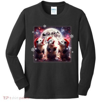 Funny Three Possum Moon Christmas Opossum Santa Hat Kids Long Sleeve Shirt