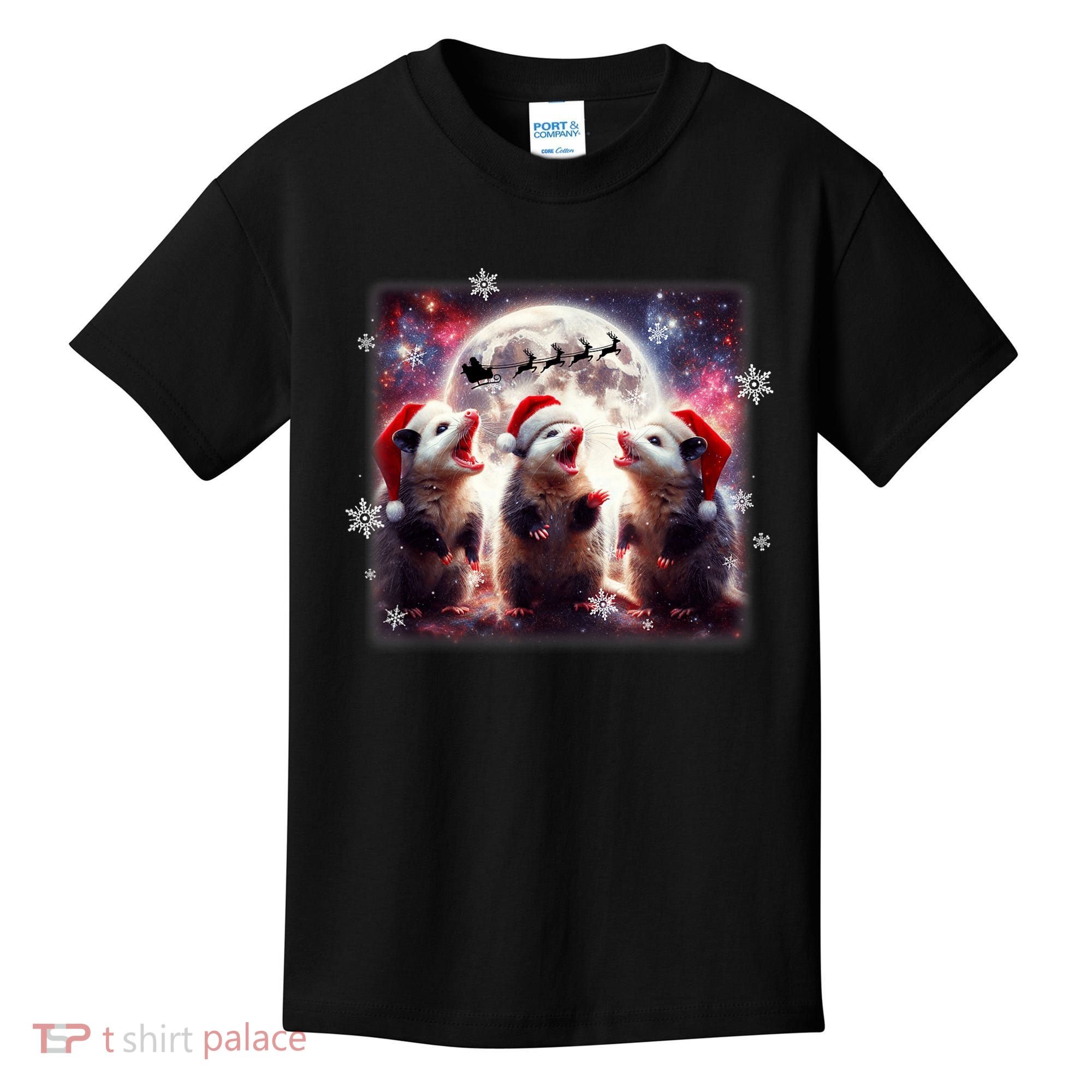 Funny Three Possum Moon Christmas Opossum Santa Hat Kids T-Shirt