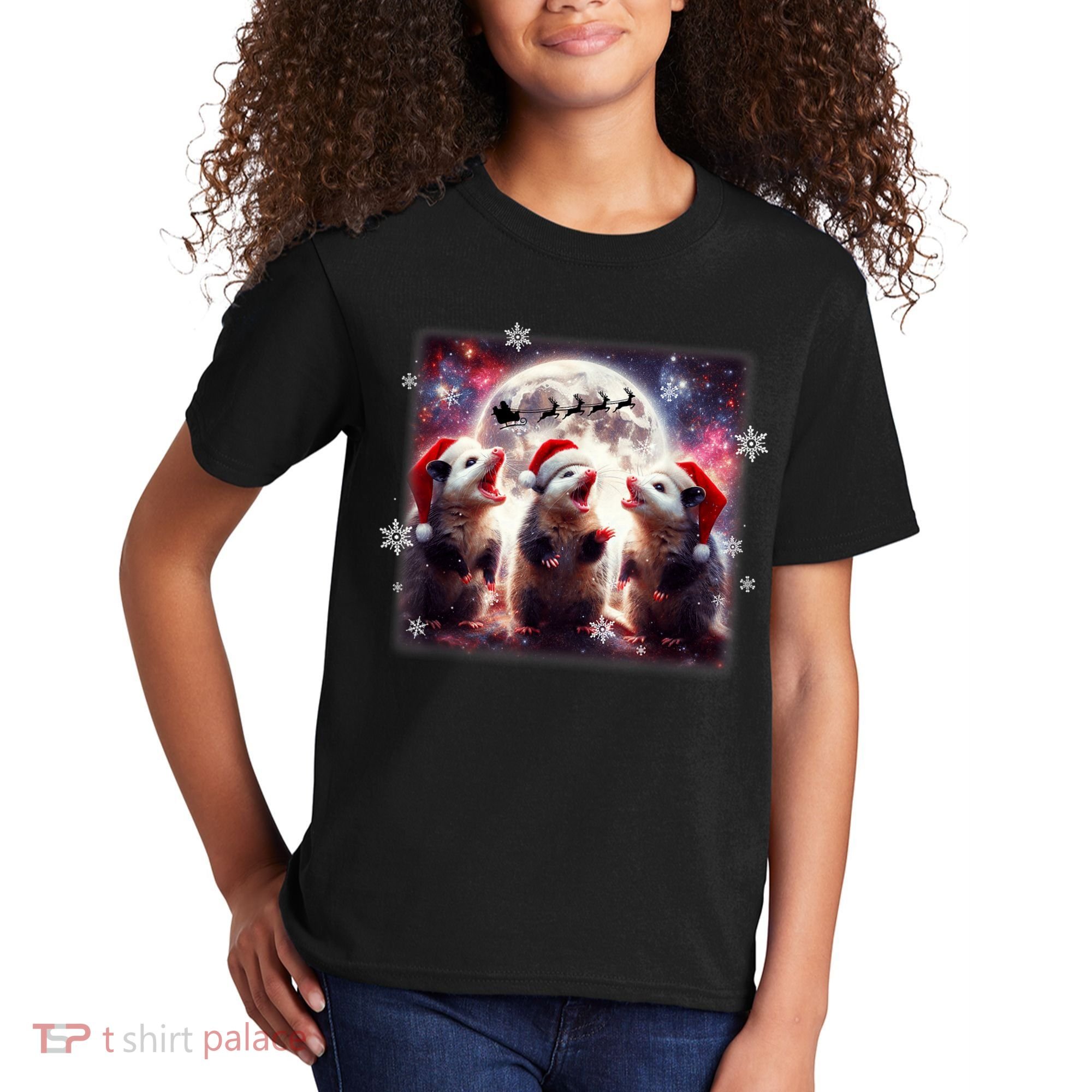 Funny Three Possum Moon Christmas Opossum Santa Hat Kids T-Shirt