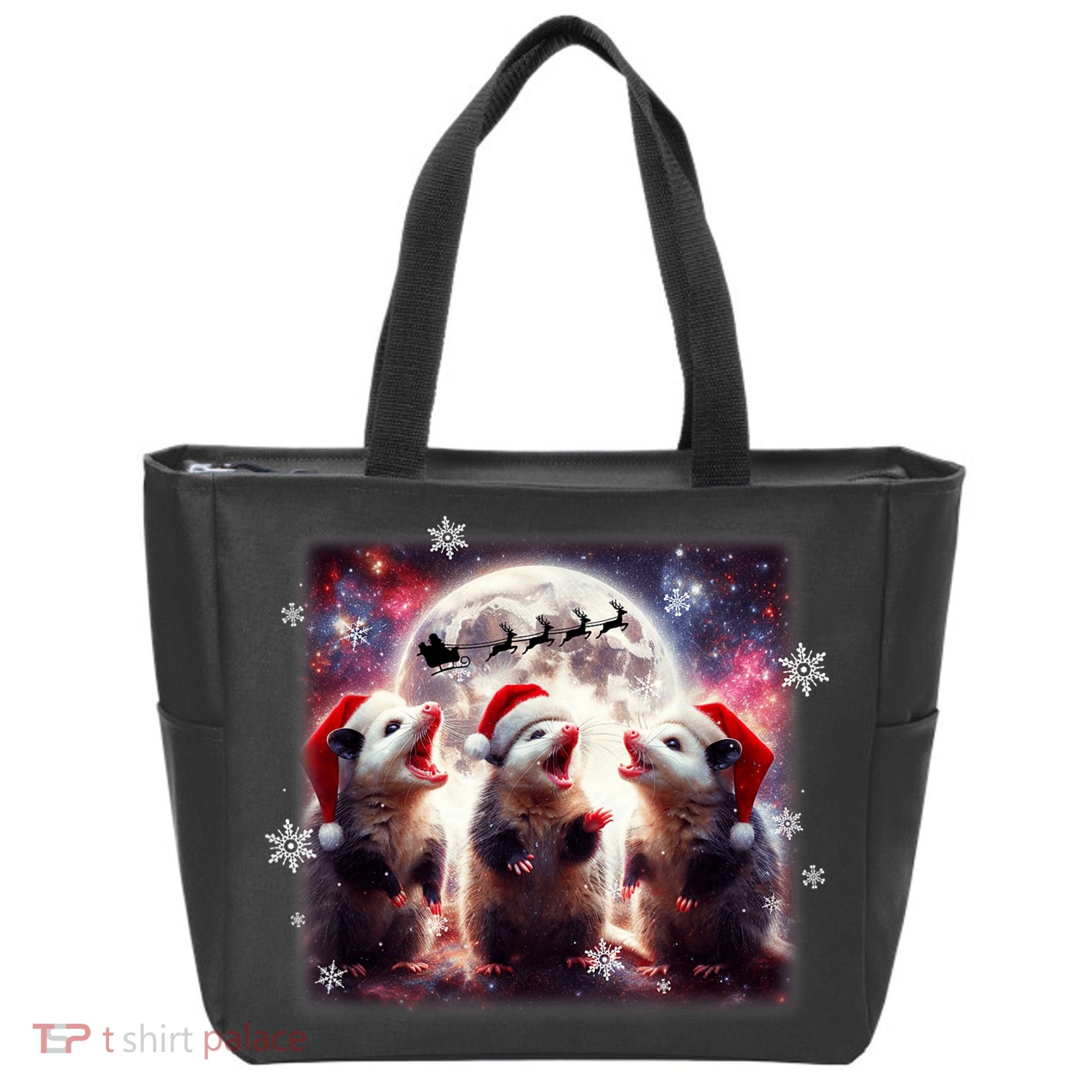 Funny Three Possum Moon Christmas Opossum Santa Hat Tote Bag