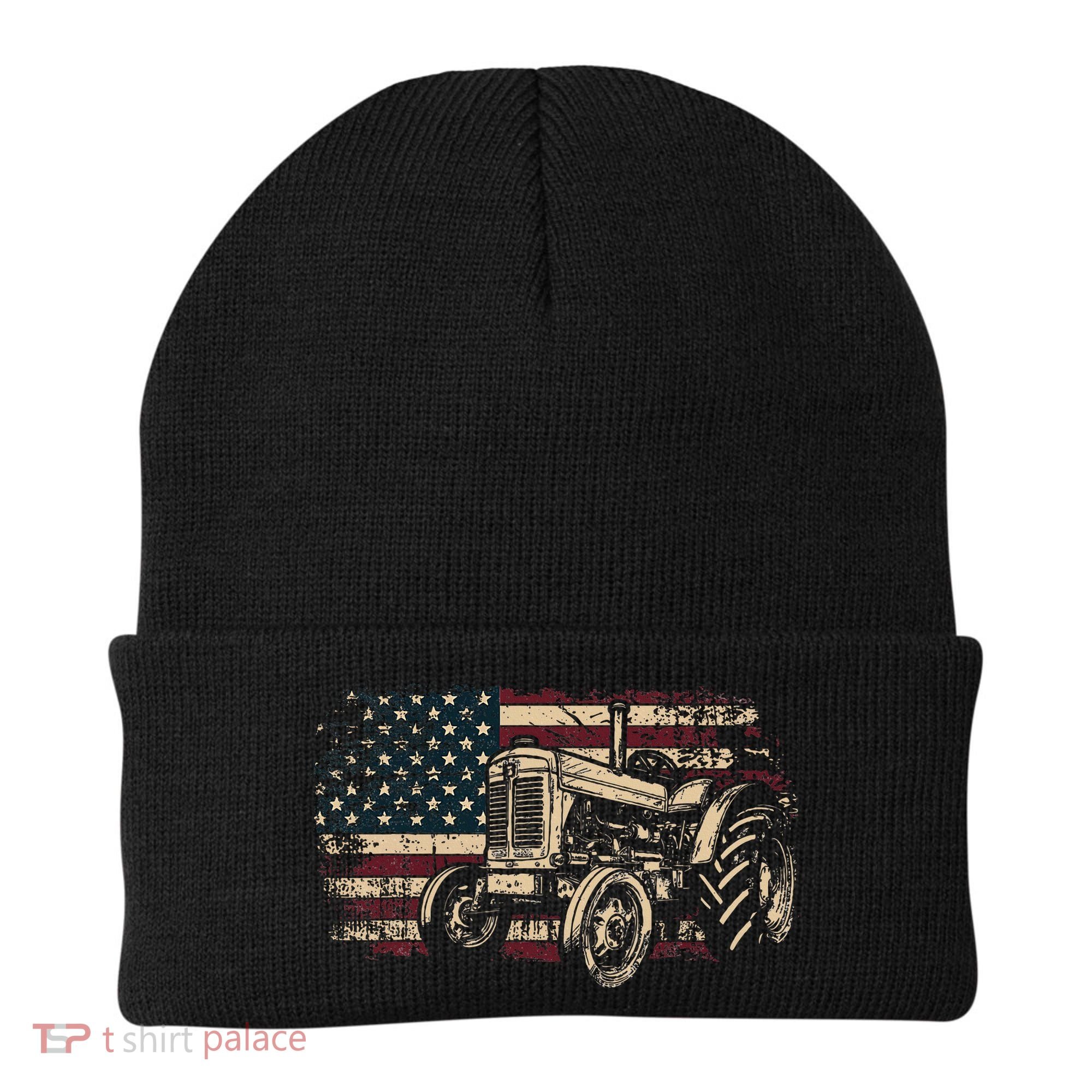 Farm Tractor Proud Farmer Patriotic American Flag Tractor Beanie