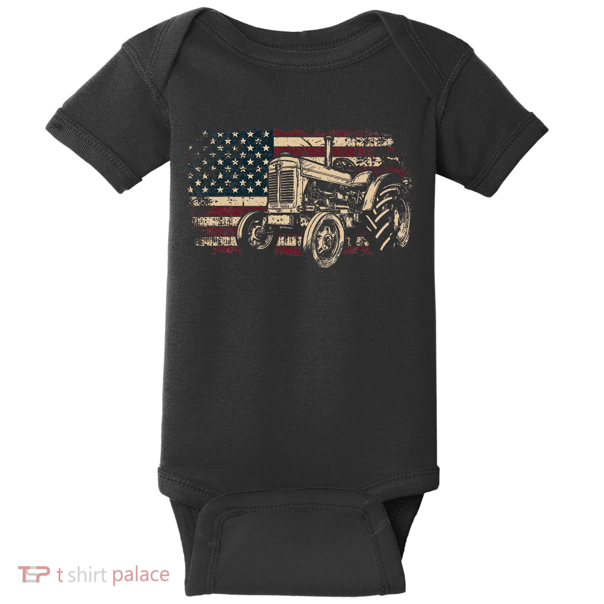 Farm Tractor Proud Farmer Patriotic American Flag Tractor Baby Bodysuit