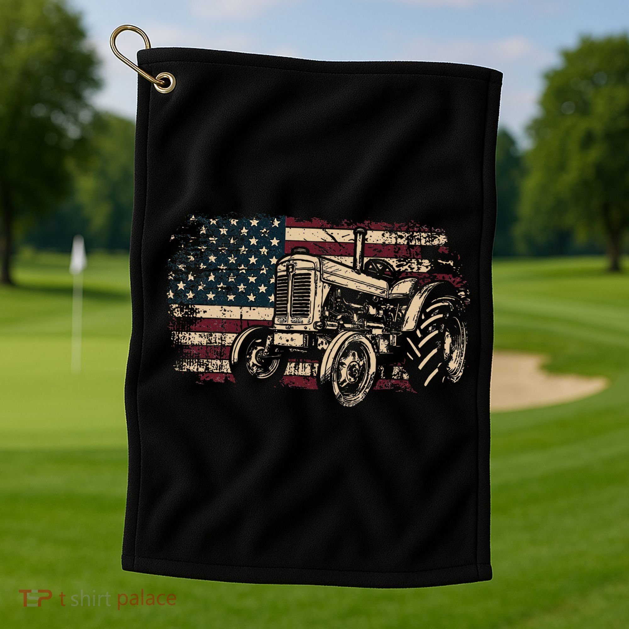 Farm Tractor Proud Farmer Patriotic American Flag Tractor Golf Towel