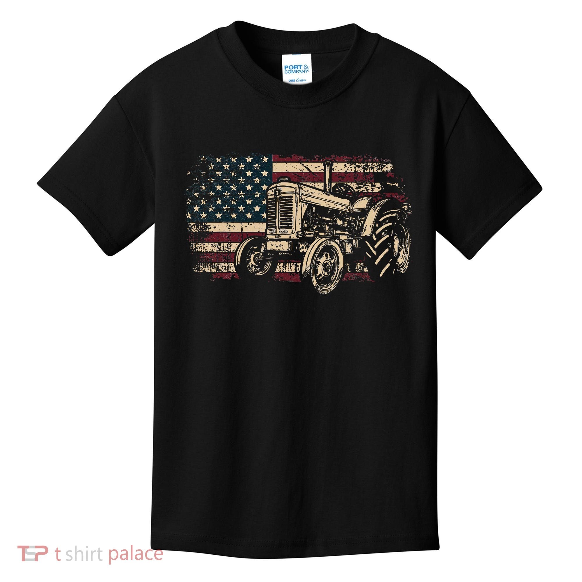 Farm Tractor Proud Farmer Patriotic American Flag Tractor Kids T-Shirt