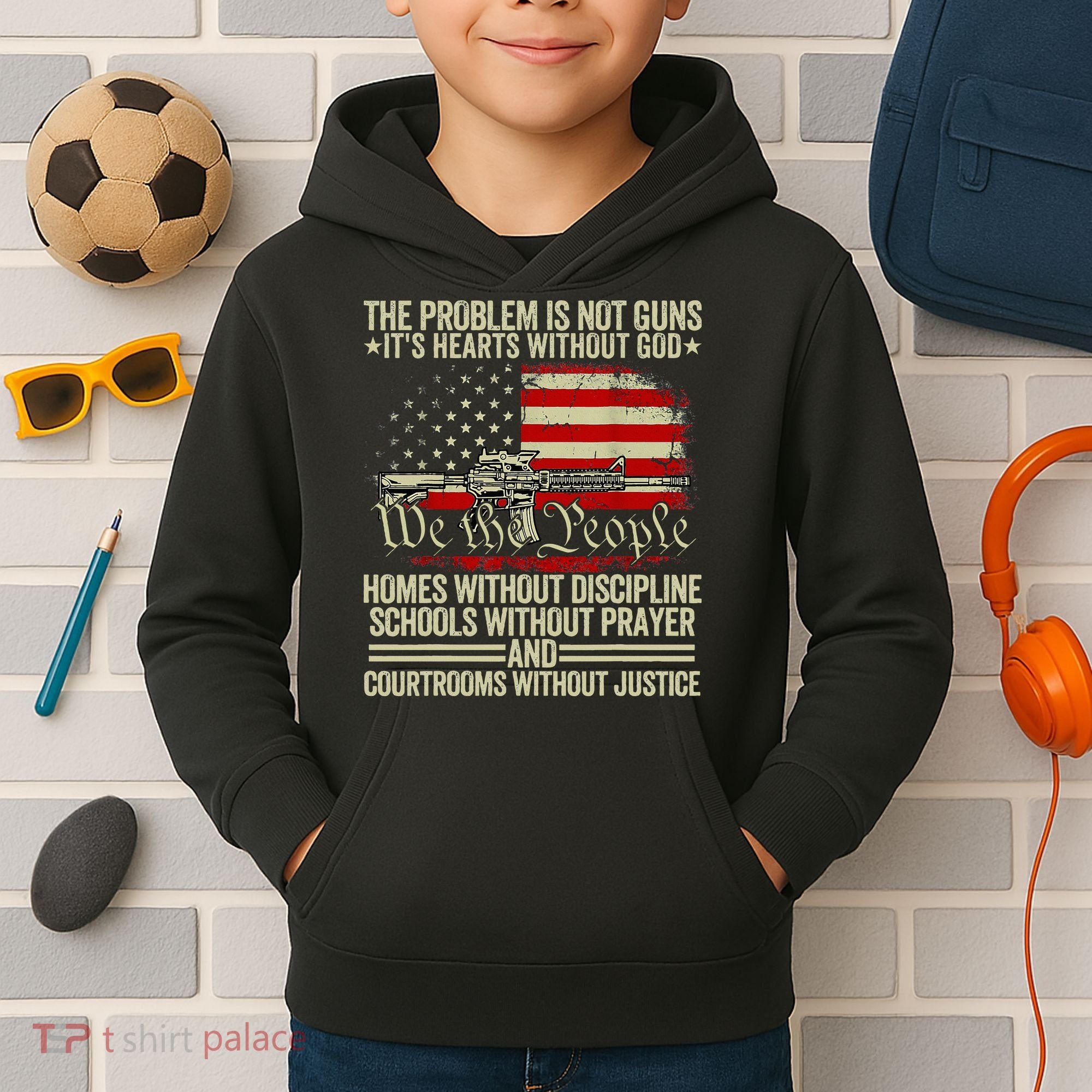 Funny The Problem Is Not Guns ItS Hearts Without God Kids Hoodie