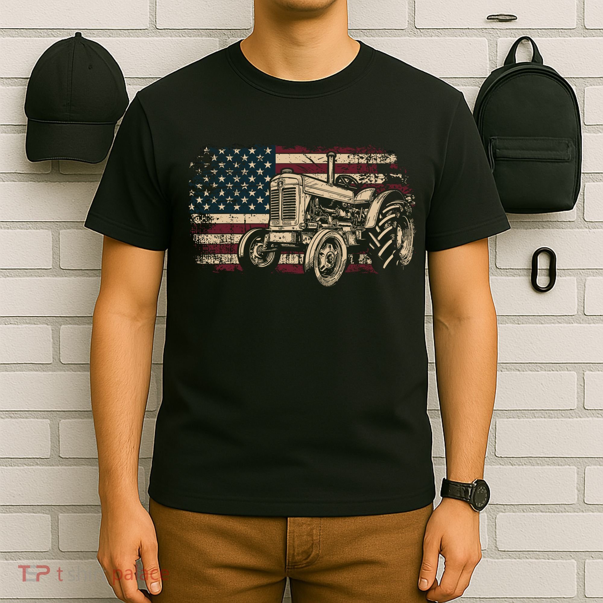 Farm Tractor Proud Farmer Patriotic American Flag Tractor T-Shirt