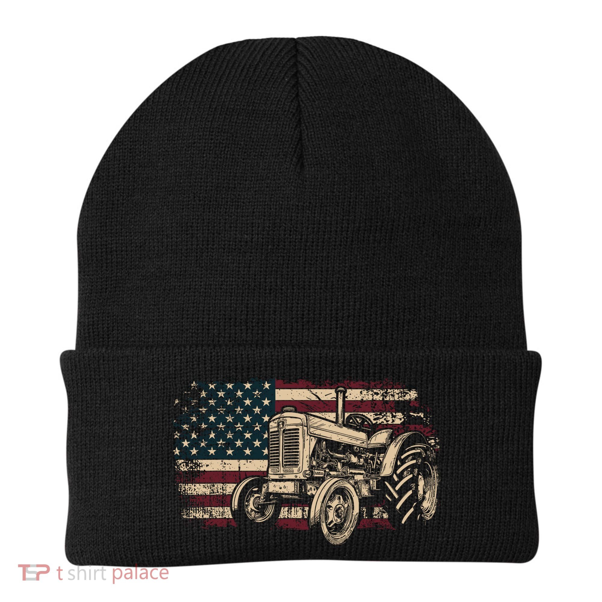 Farm Tractor Proud Farmer Patriotic American Flag Tractor Beanie