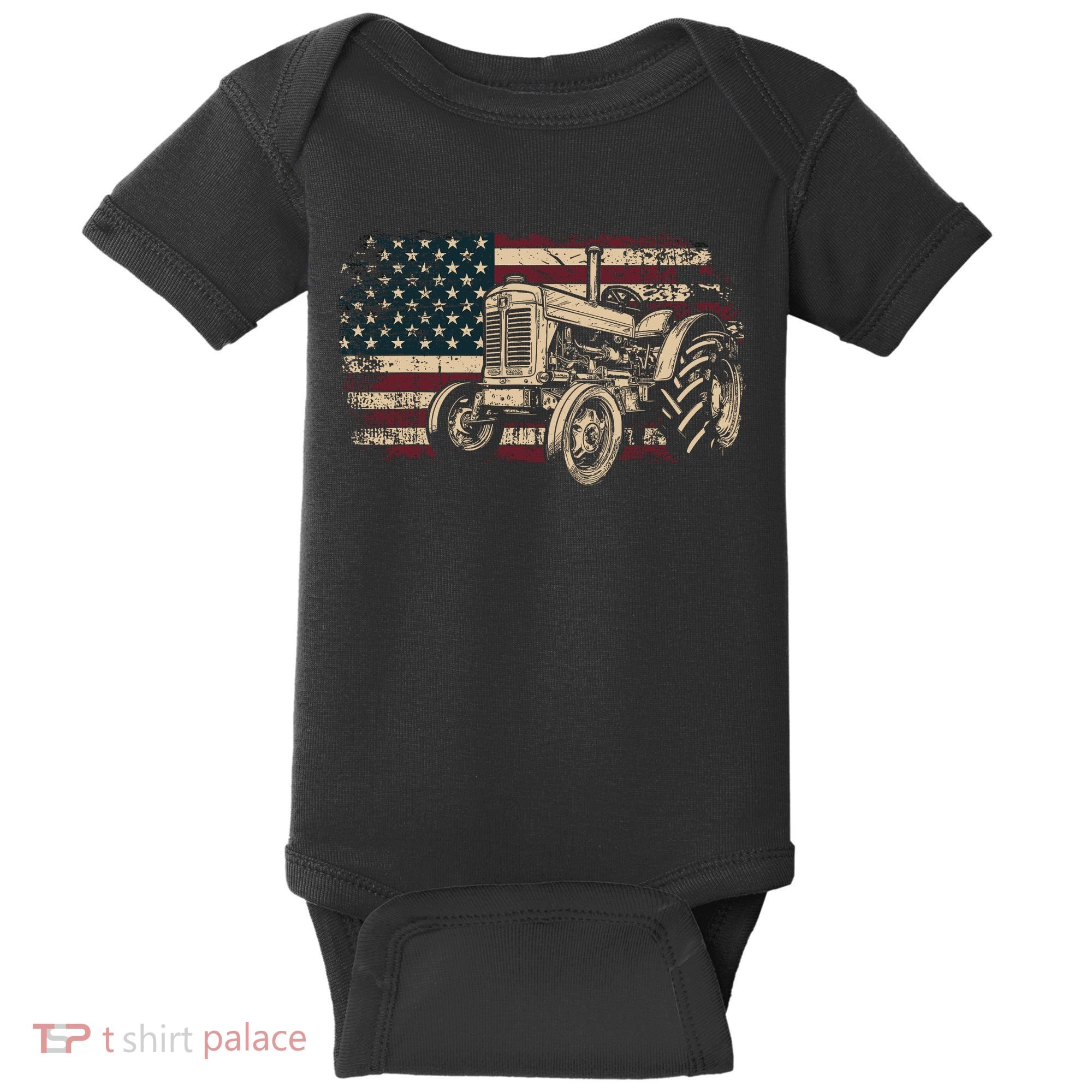 Farm Tractor Proud Farmer Patriotic American Flag Tractor Baby Bodysuit