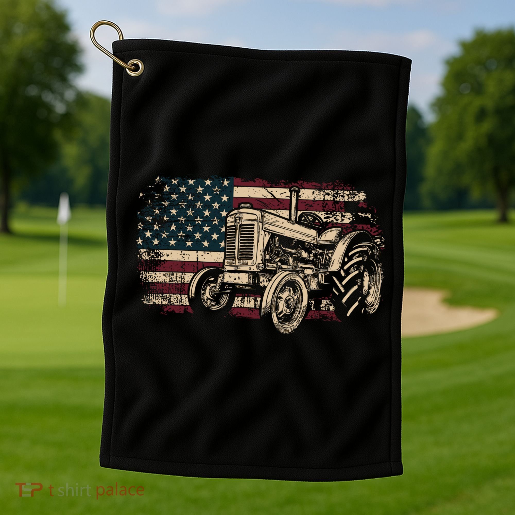 Farm Tractor Proud Farmer Patriotic American Flag Tractor Golf Towel