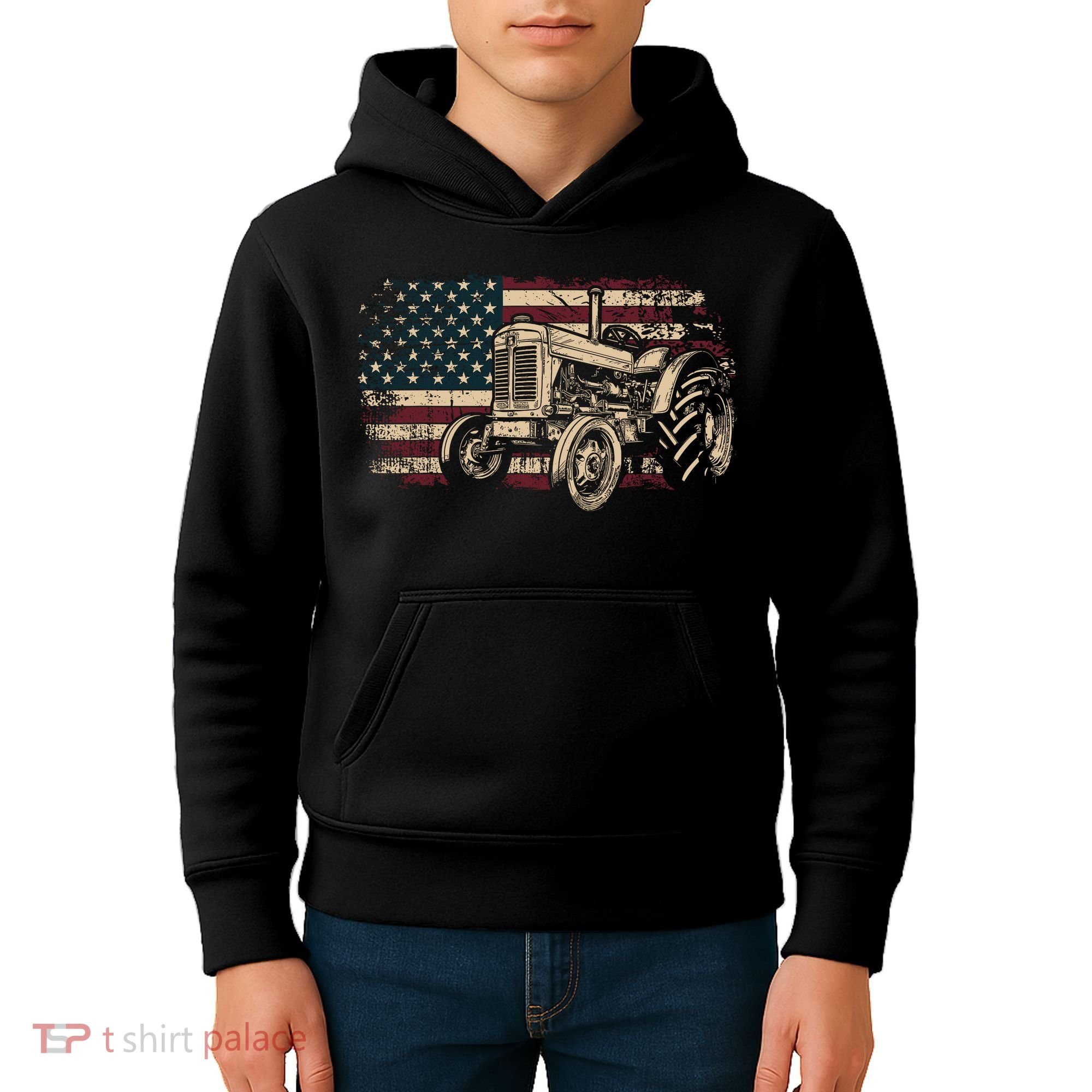 Farm Tractor Proud Farmer Patriotic American Flag Tractor Kids Hoodie