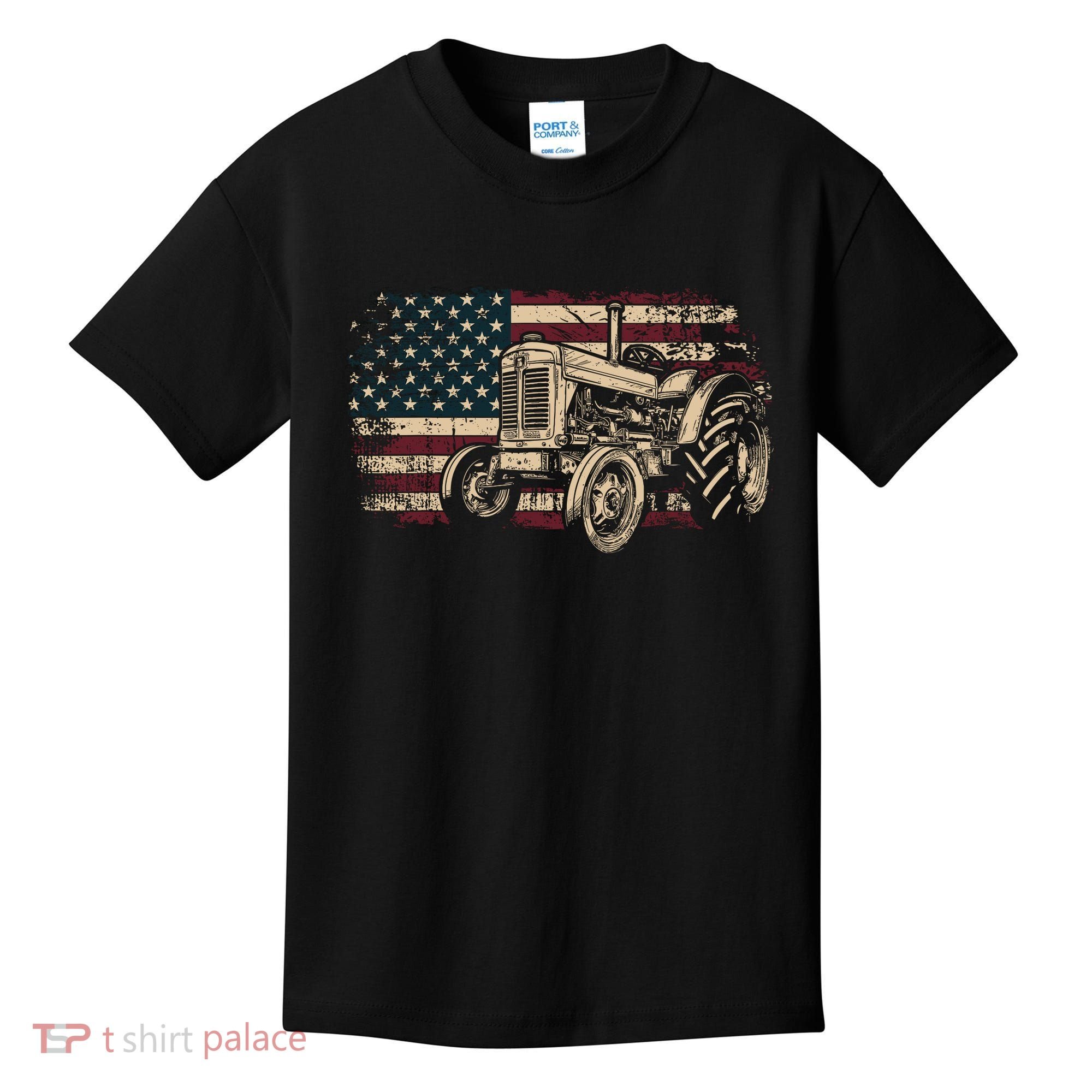 Farm Tractor Proud Farmer Patriotic American Flag Tractor Kids T-Shirt