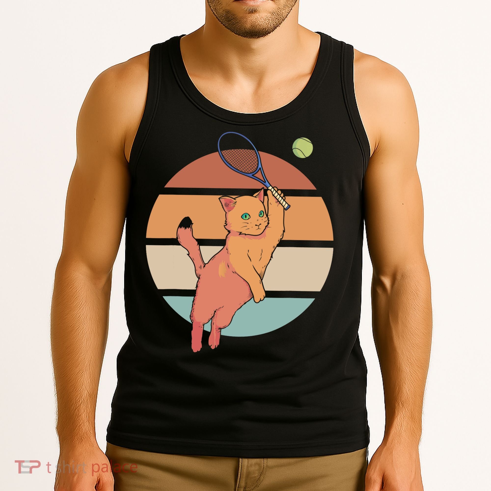 Funny Tennis Racket Cat Playing Tennis Tank Top