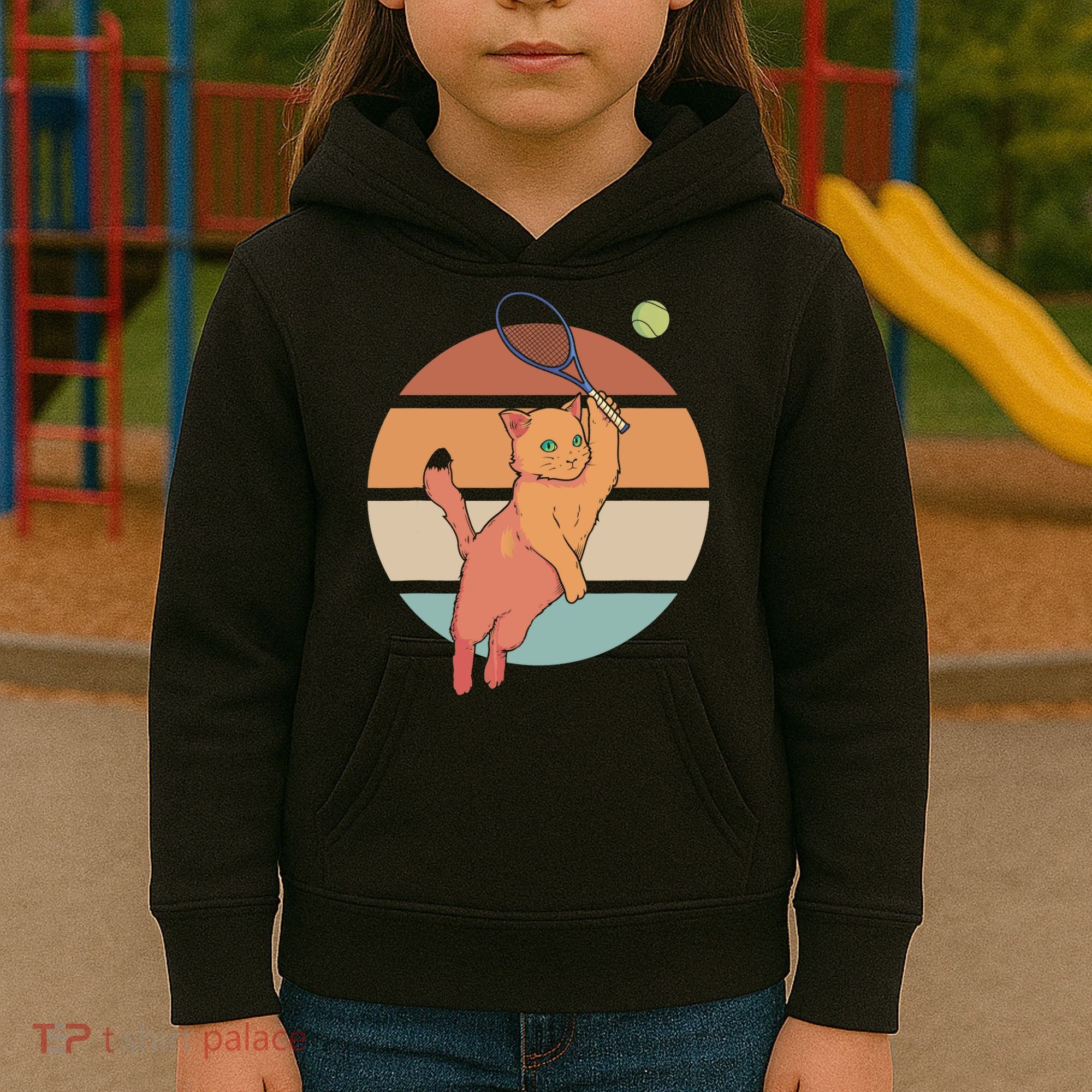 Funny Tennis Racket Cat Playing Tennis Kids Hoodie