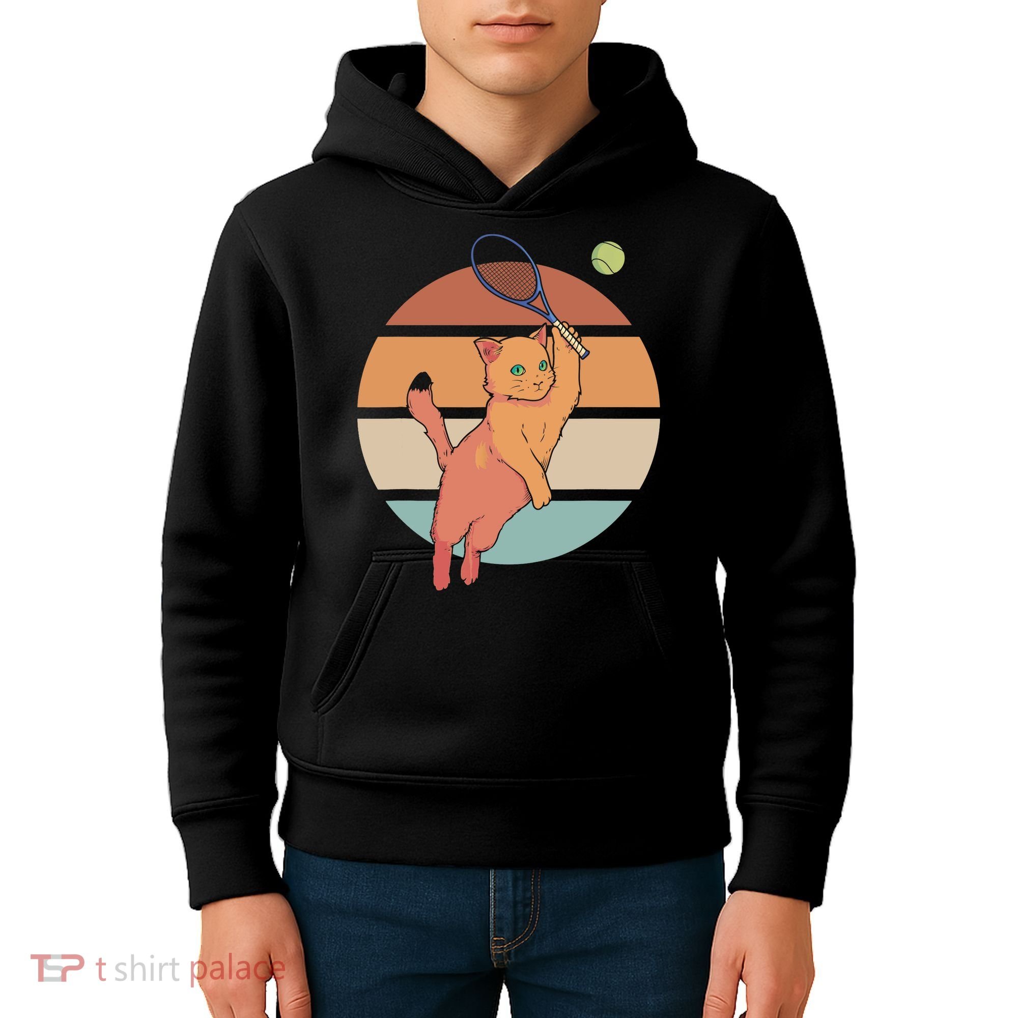 Funny Tennis Racket Cat Playing Tennis Kids Hoodie
