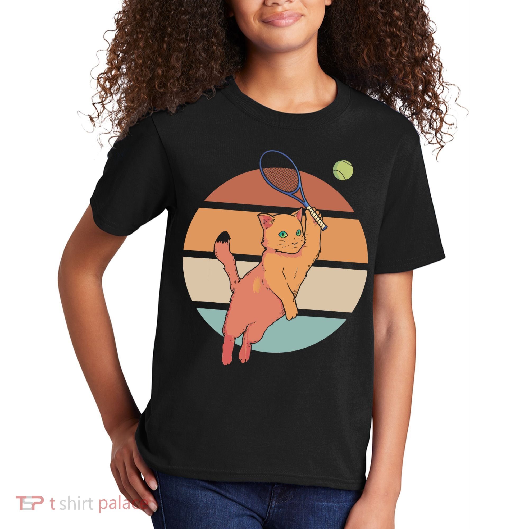 Funny Tennis Racket Cat Playing Tennis Kids T-Shirt