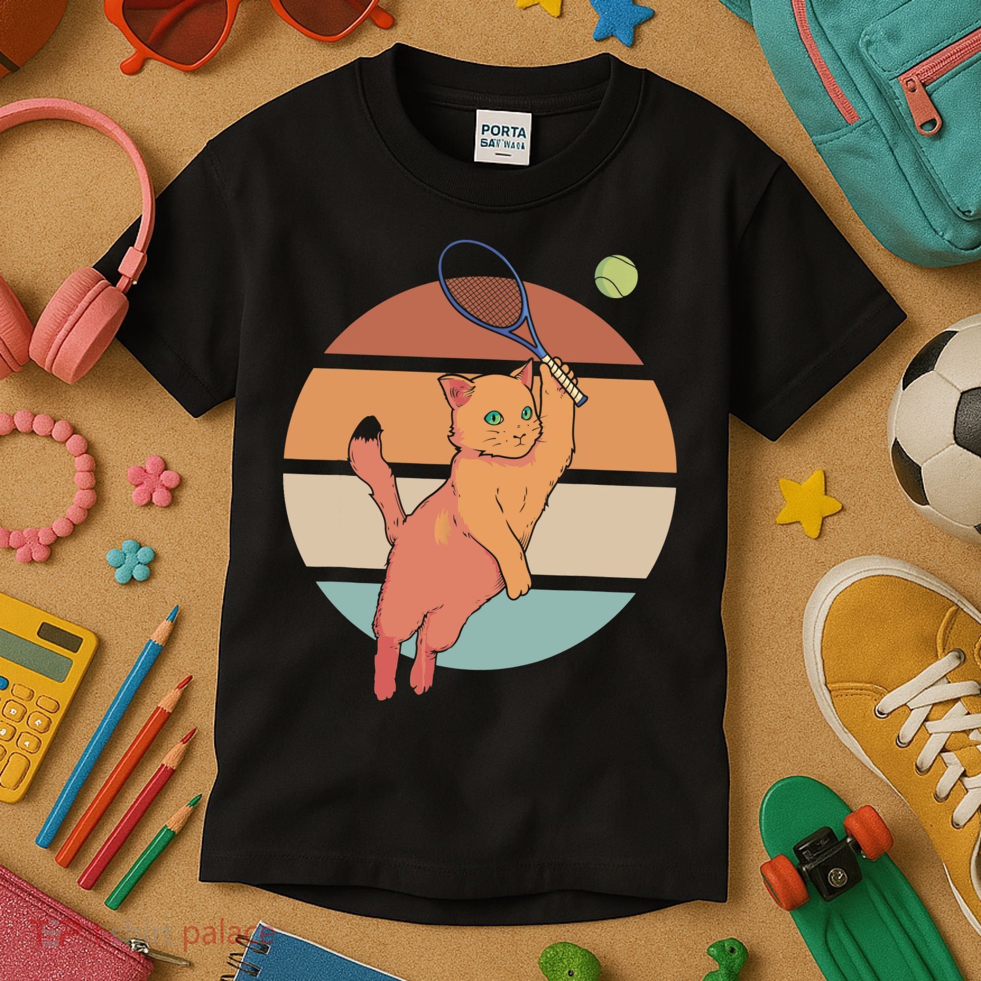 Funny Tennis Racket Cat Playing Tennis Kids T-Shirt