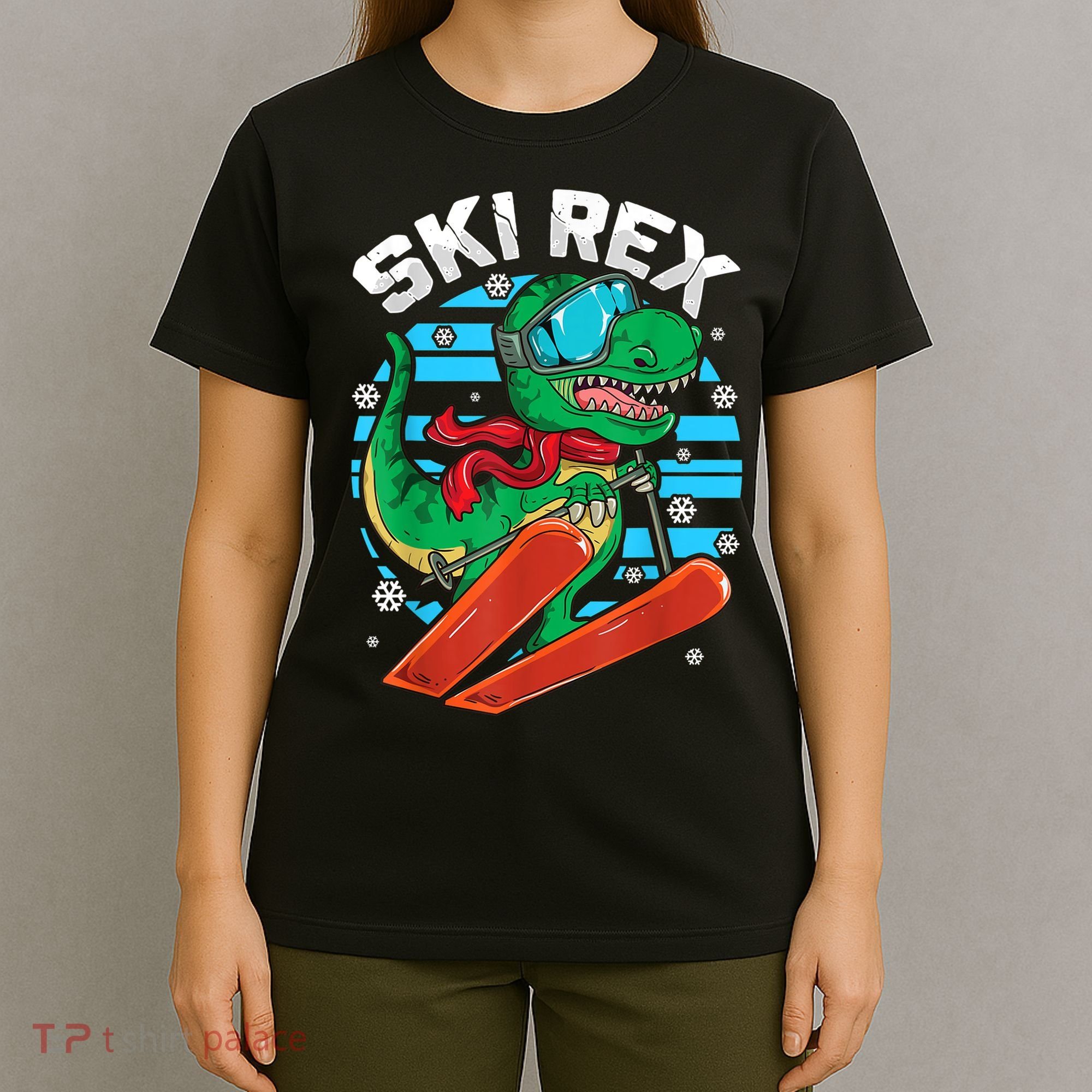 Funny Tyrannosaurus Rex Dinosaur Girls Boys Skiing SKI REX TShirt T-Shirt