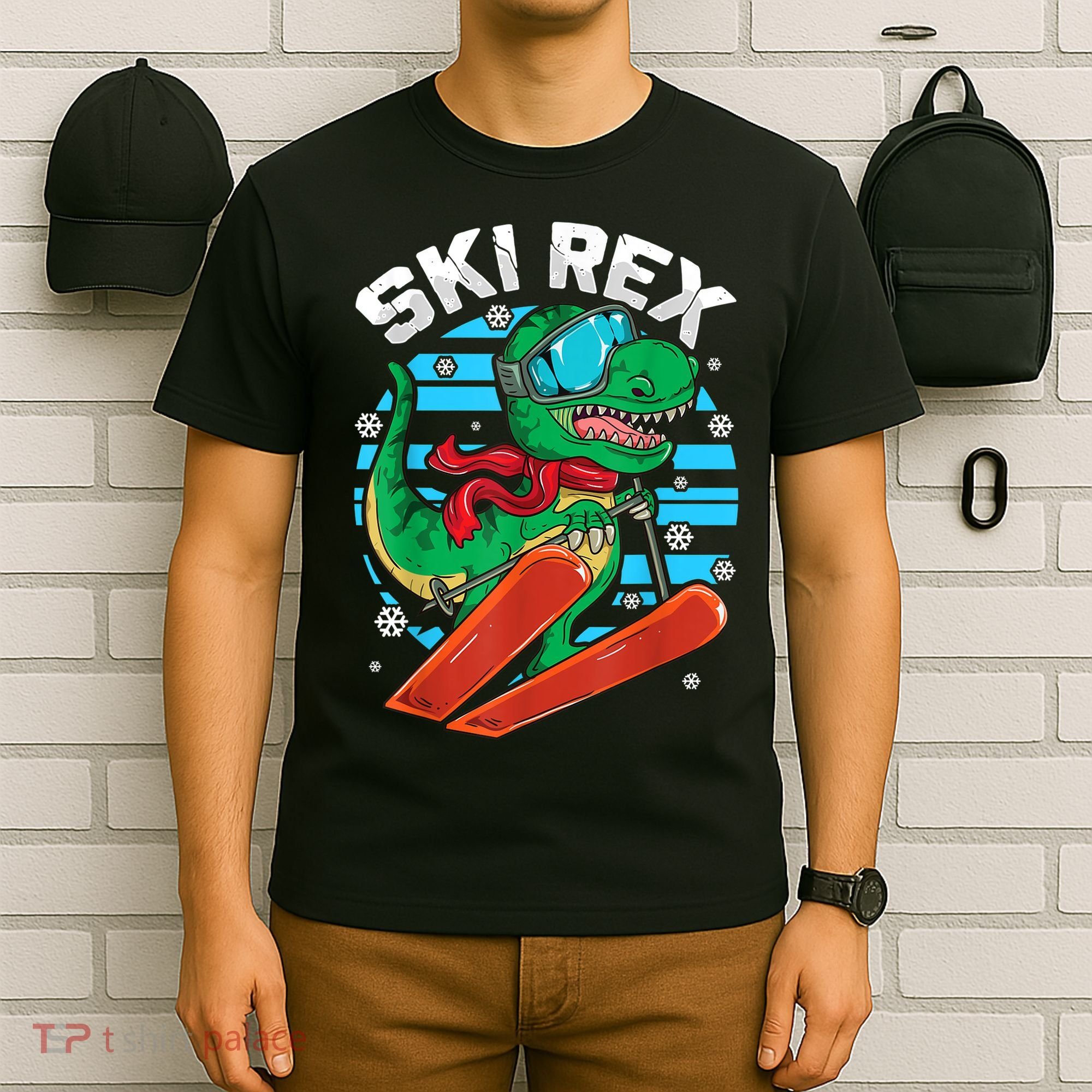 Funny Tyrannosaurus Rex Dinosaur Girls Boys Skiing SKI REX TShirt T-Shirt