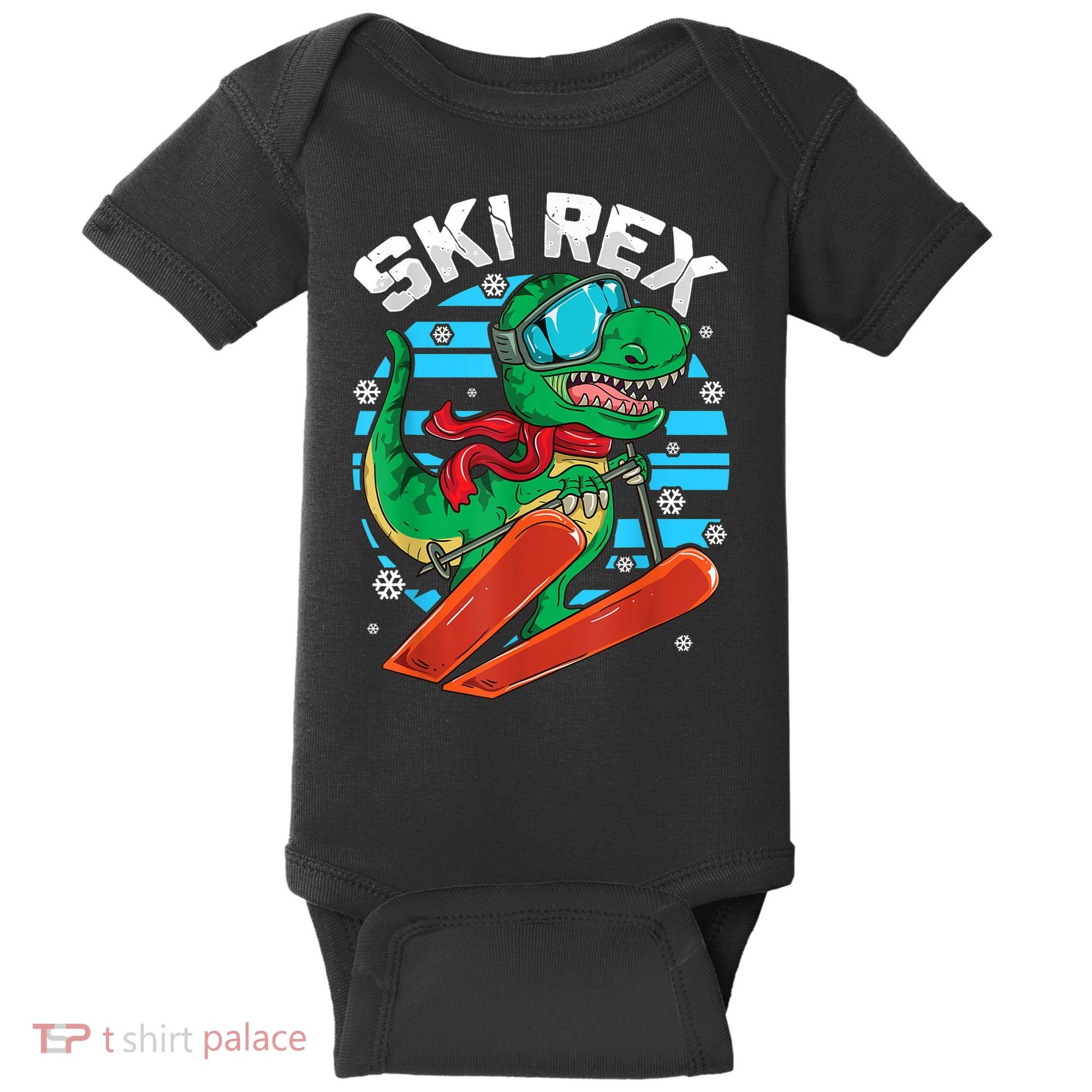 Funny Tyrannosaurus Rex Dinosaur Girls Boys Skiing SKI REX TShirt Baby Bodysuit
