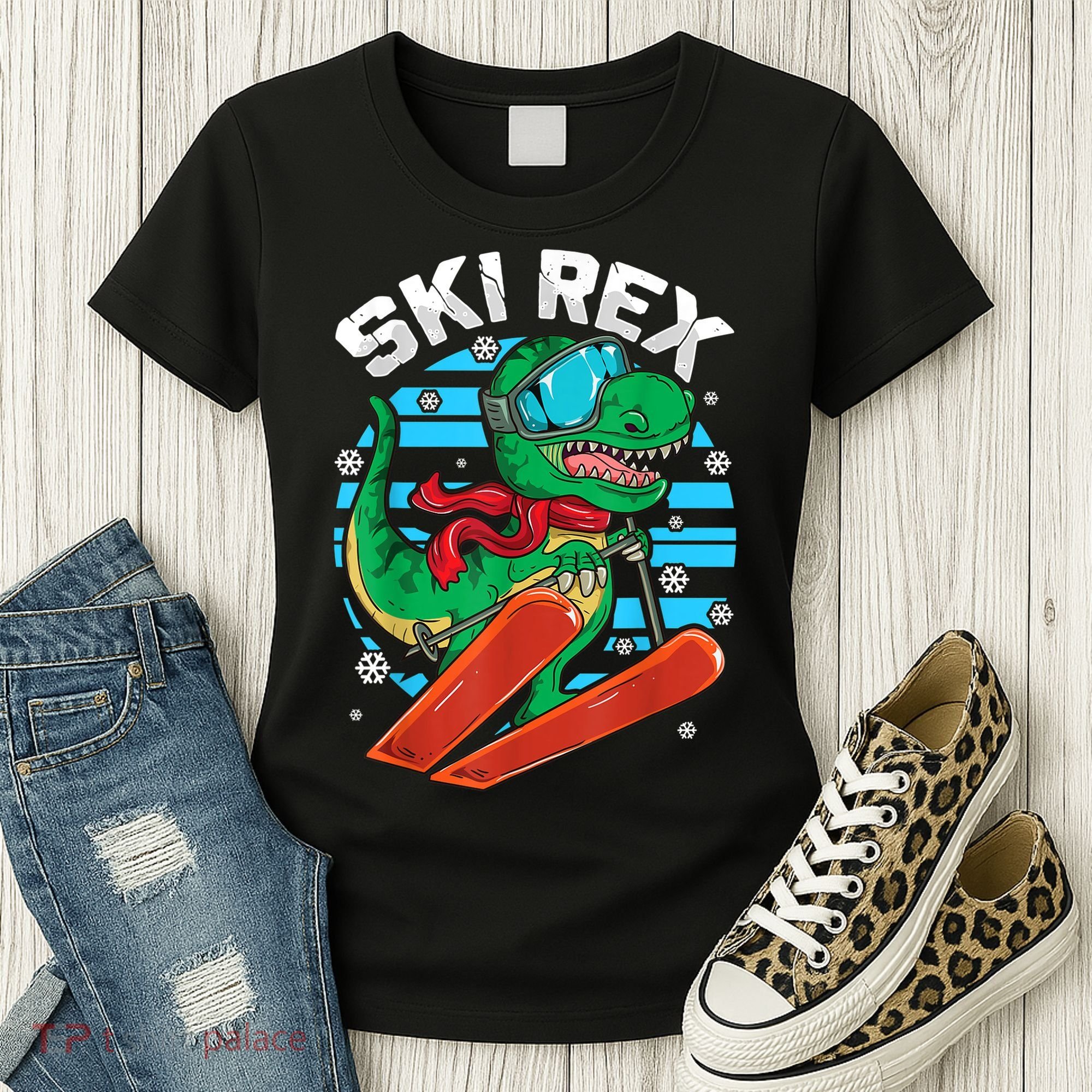 Funny Tyrannosaurus Rex Dinosaur Girls Boys Skiing SKI REX TShirt Women's T-Shirt